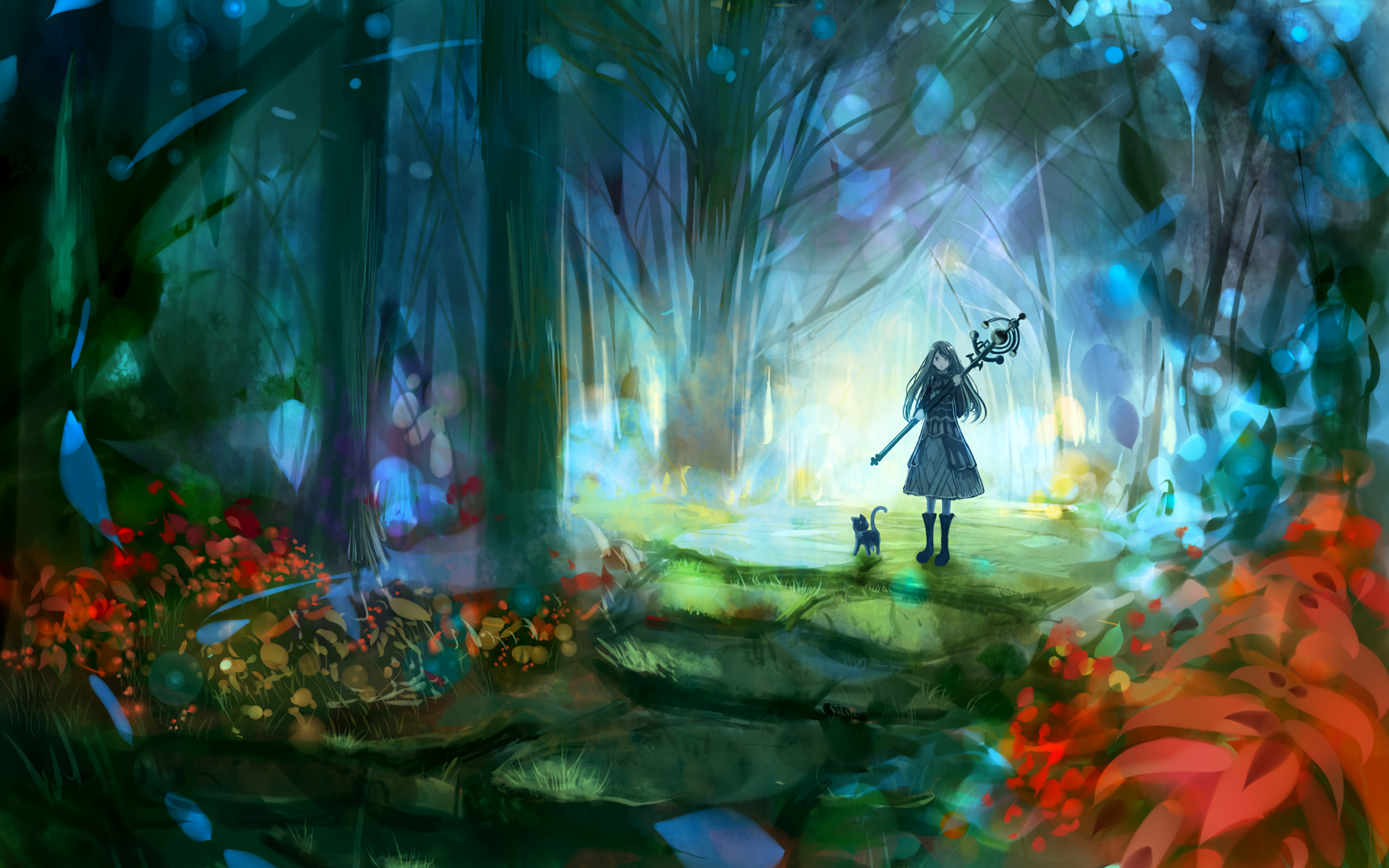 Girl with Staff and Cat in a Mystical Forest HD Wallpaper