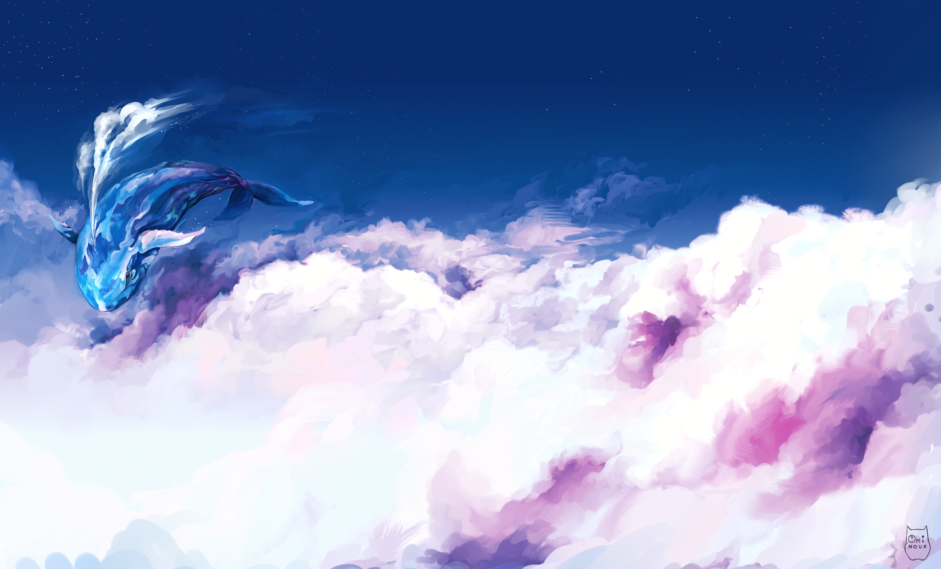 Blue whale swimming through clouds in the night sky HD Wallpaper