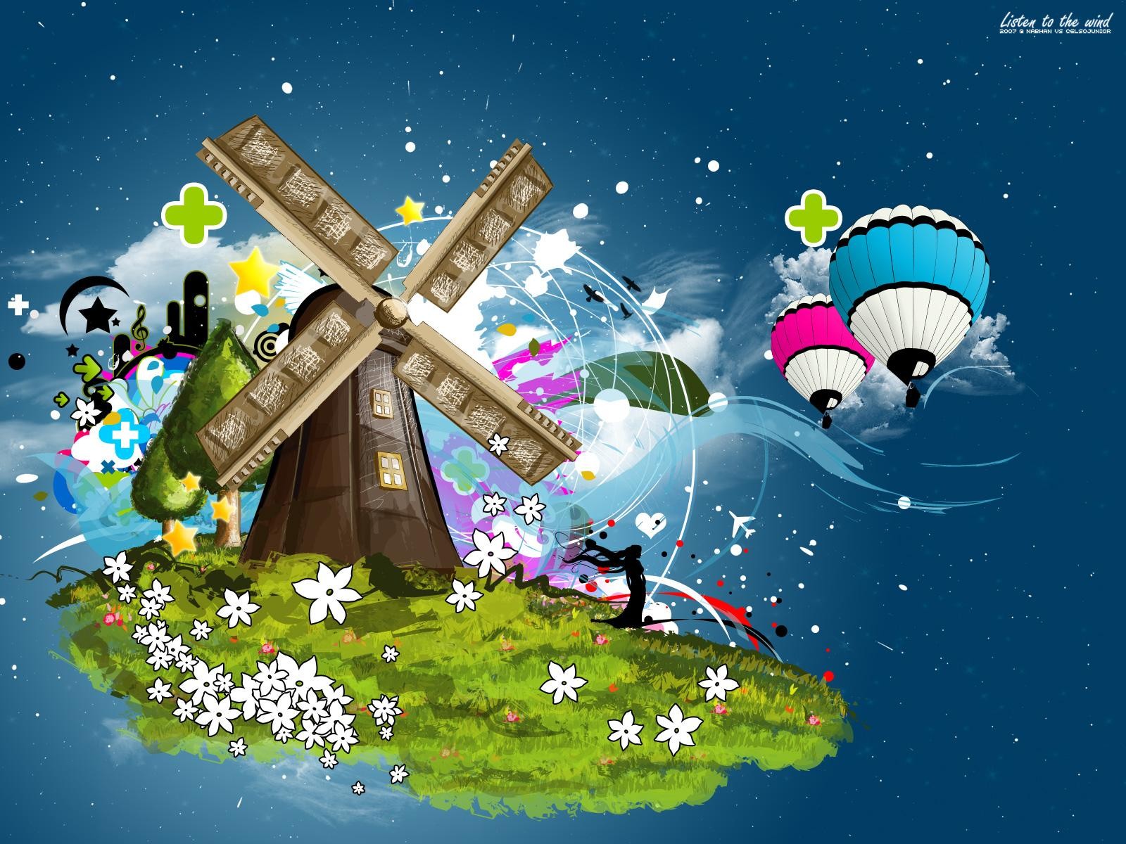 Fantasy windmill with hot air balloons and abstract elements HD Wallpaper