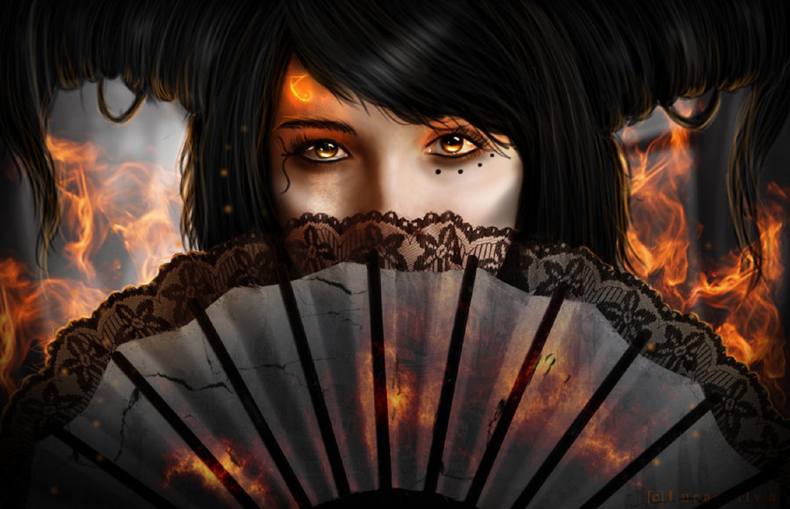 Woman with fan and fire HD Wallpaper