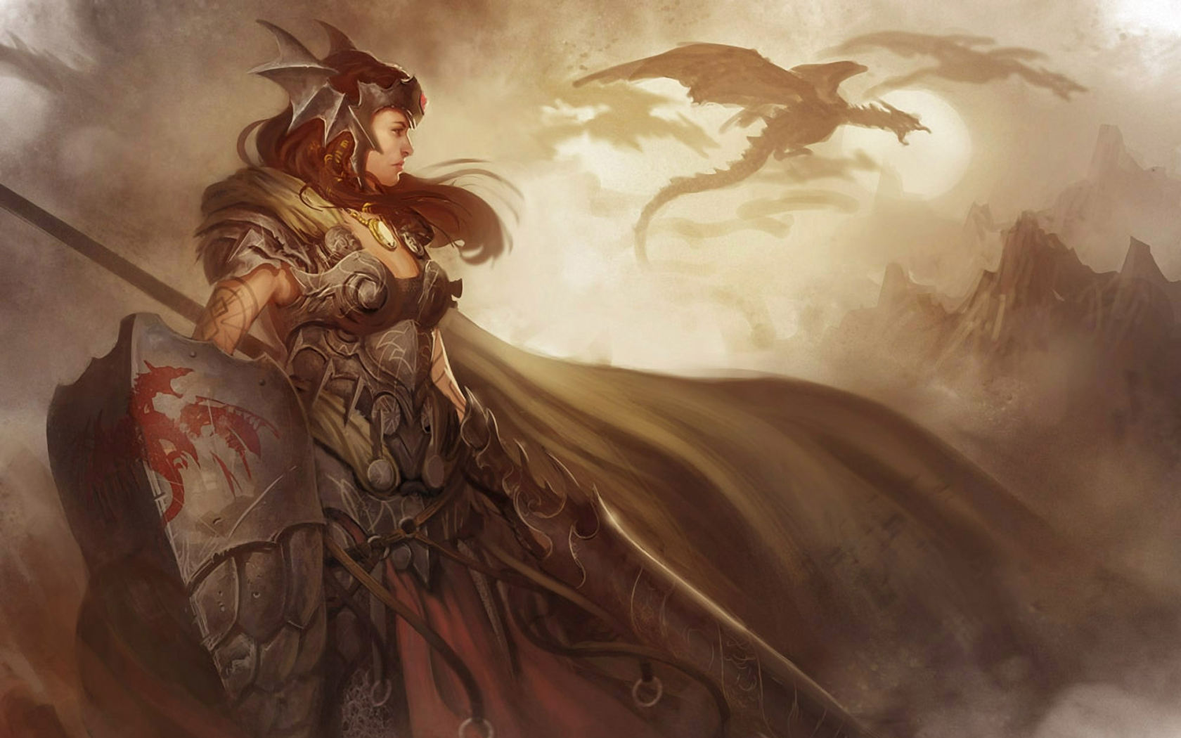 Fantasy Woman Warrior with Dragon Helmet and Shield HD Wallpaper