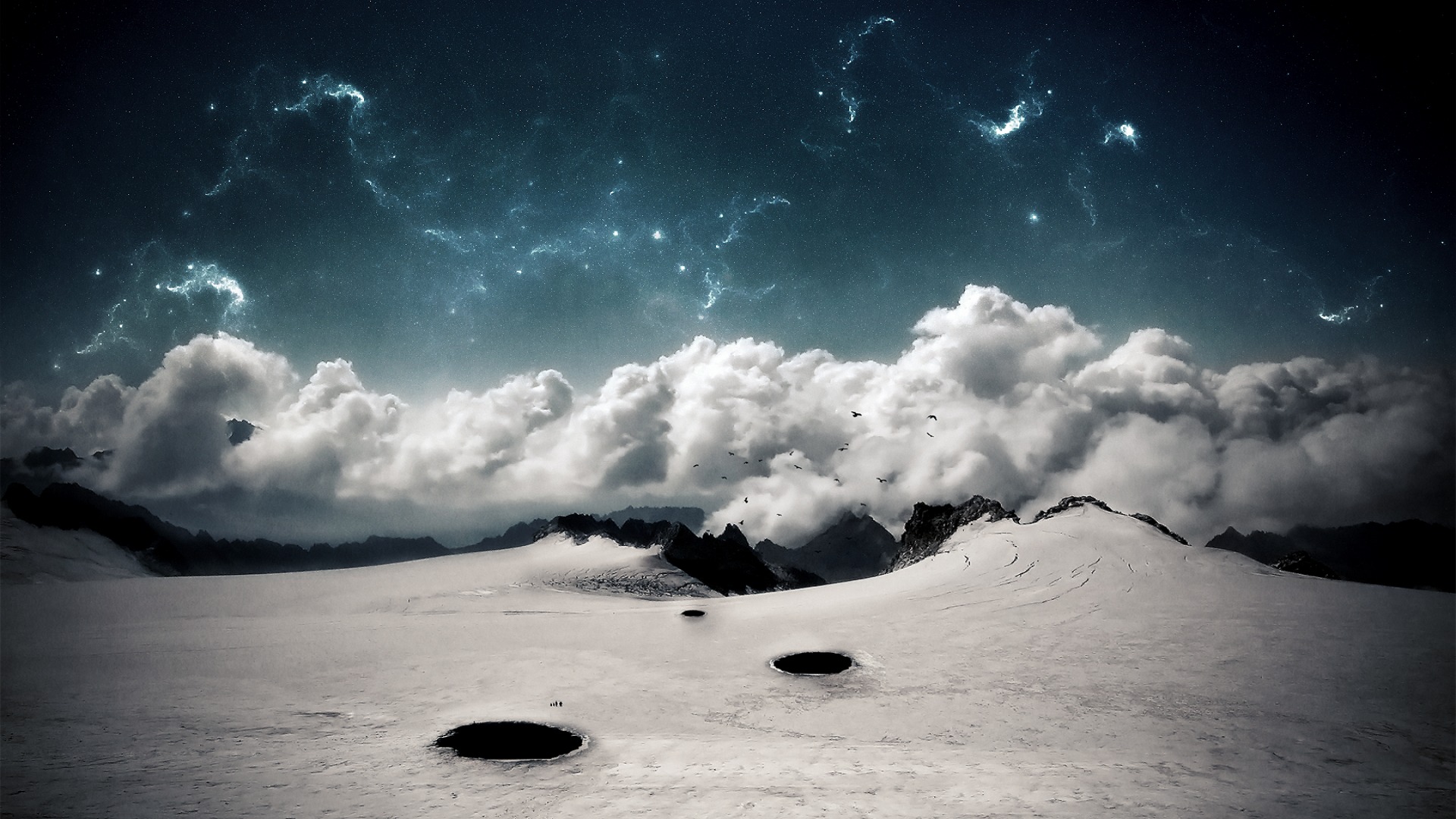 Snowy mountains under a starry sky with clouds HD Wallpaper