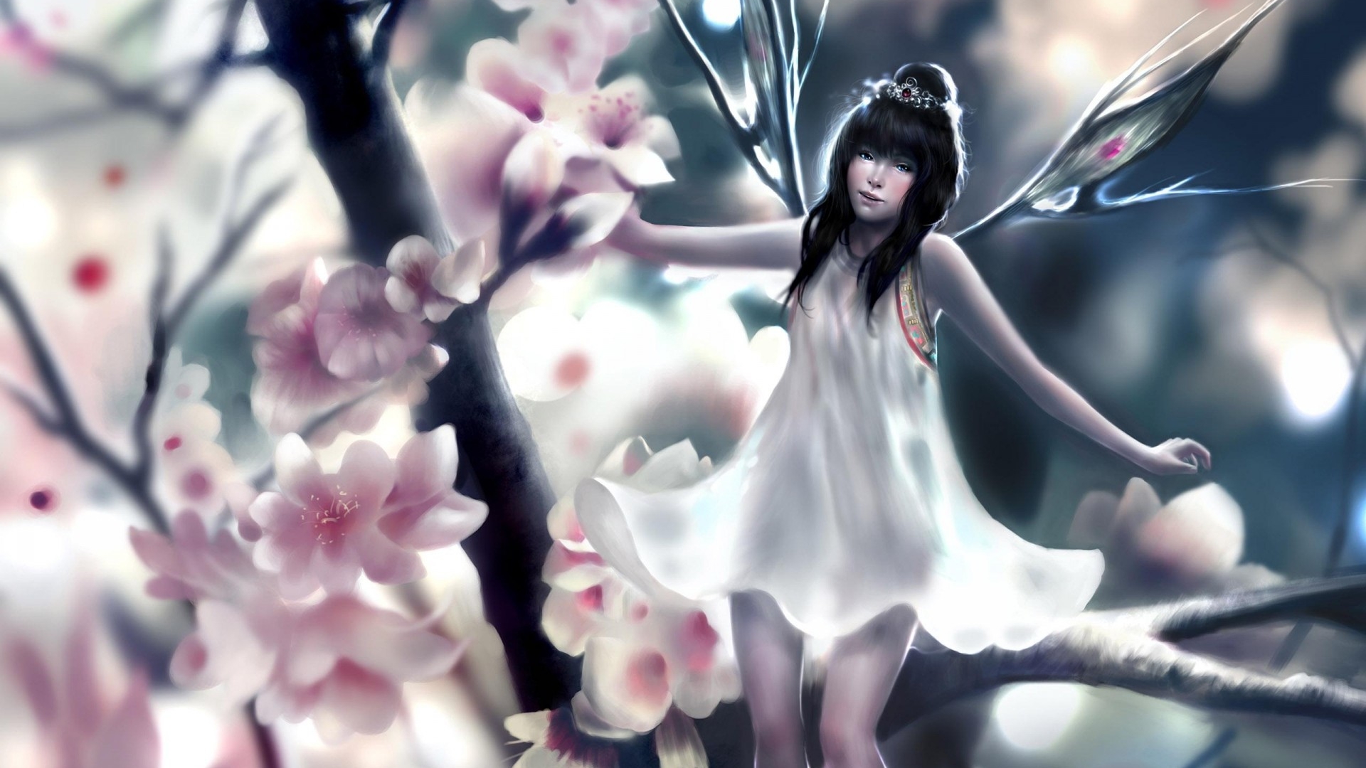 Fairy with wings among cherry blossoms HD Wallpaper