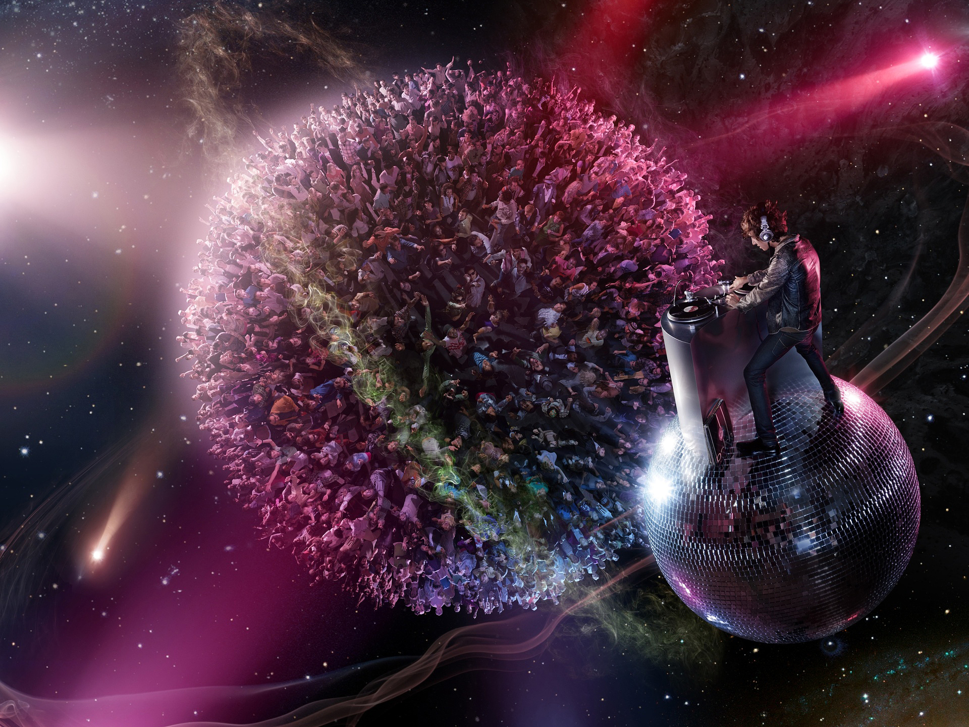 DJ on Disco Ball with Crowd Planet in Space HD Wallpaper