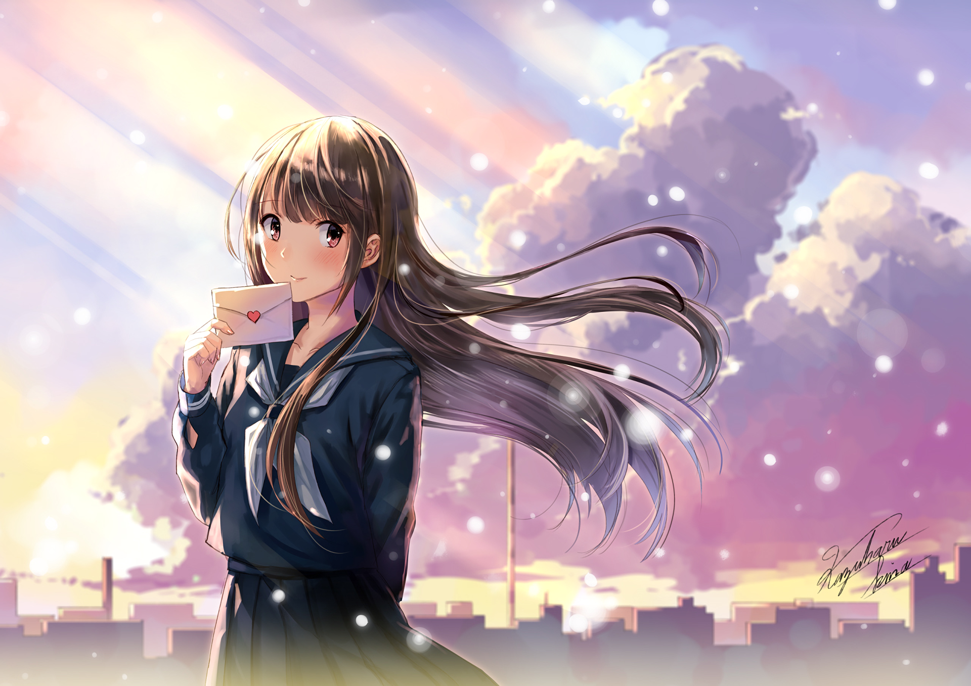 Anime girl holding a love letter with city skyline background HD Wallpaper