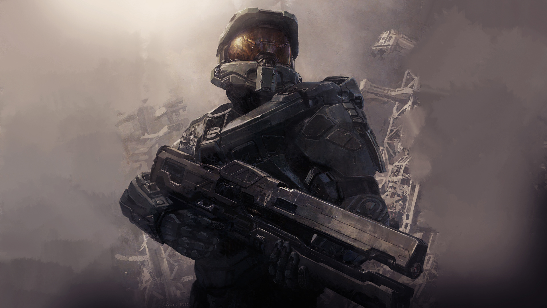 Master Chief holding a weapon in a destroyed environment HD Wallpaper