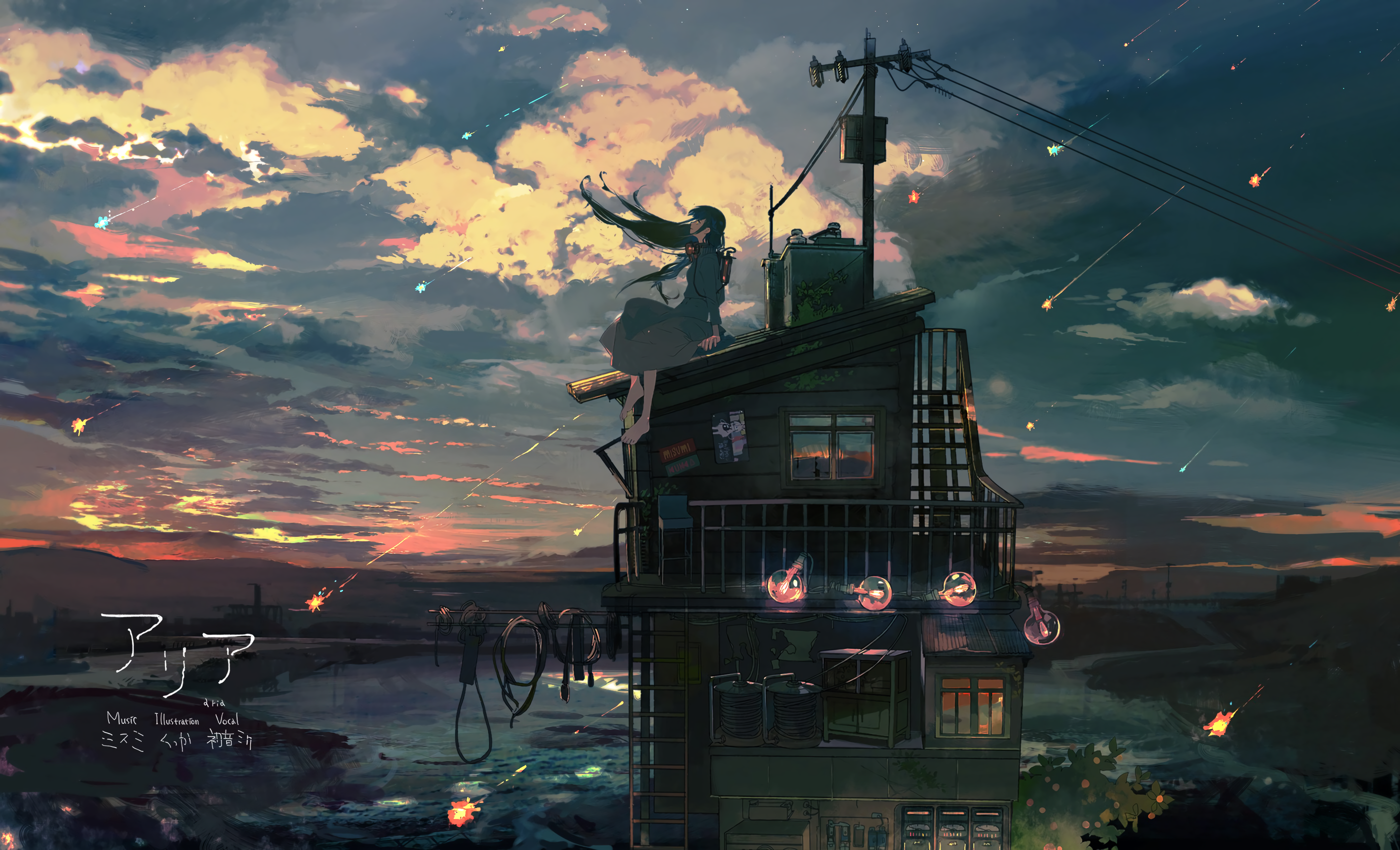 Girl on a building with shooting stars at sunset HD Wallpaper