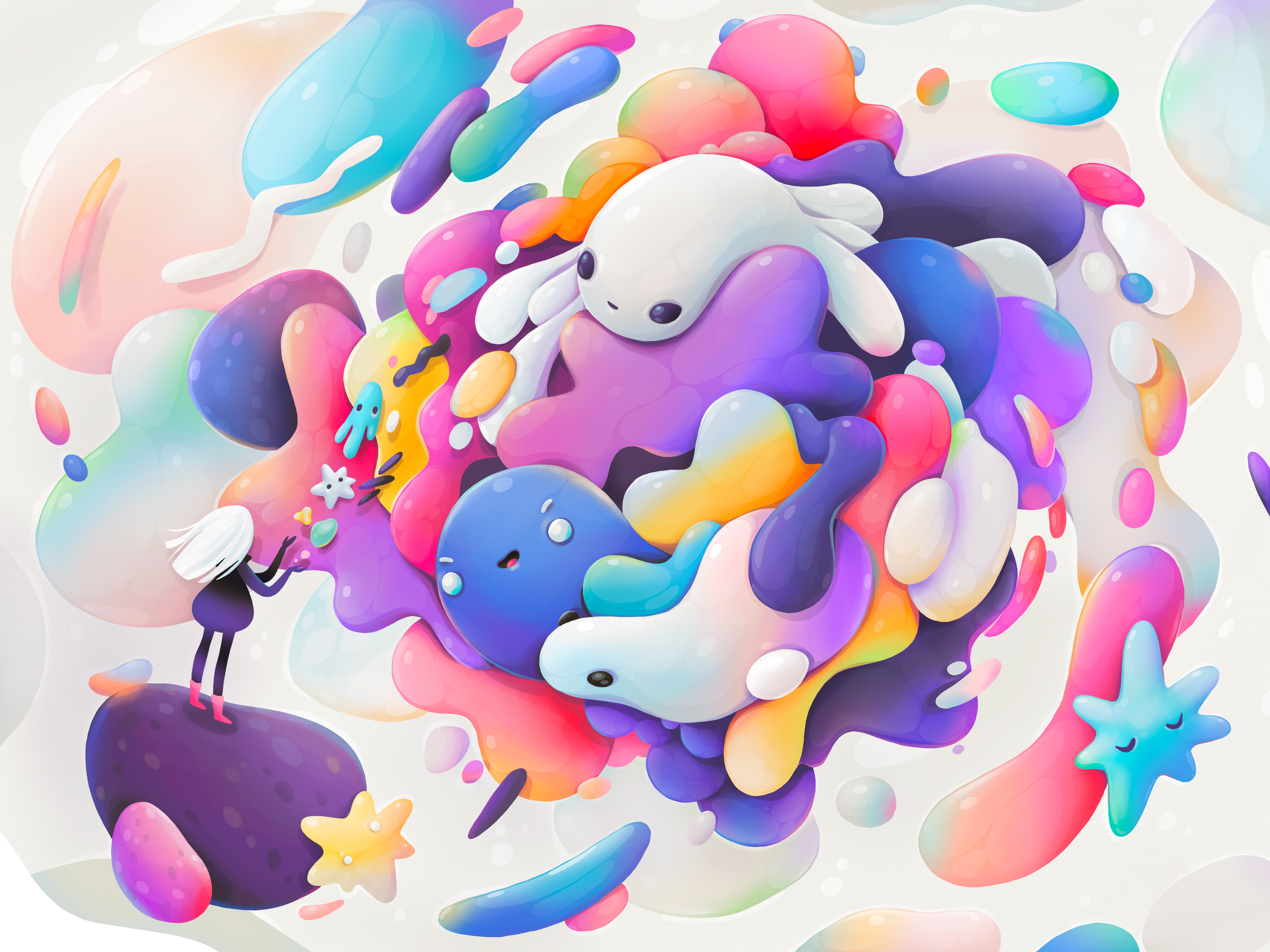 Girl and Rainbow Slime Creatures HD Wallpaper