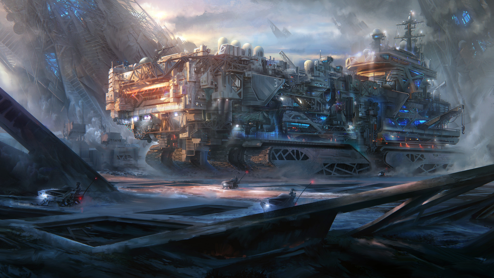 Futuristic vehicle in a desolate landscape HD Wallpaper