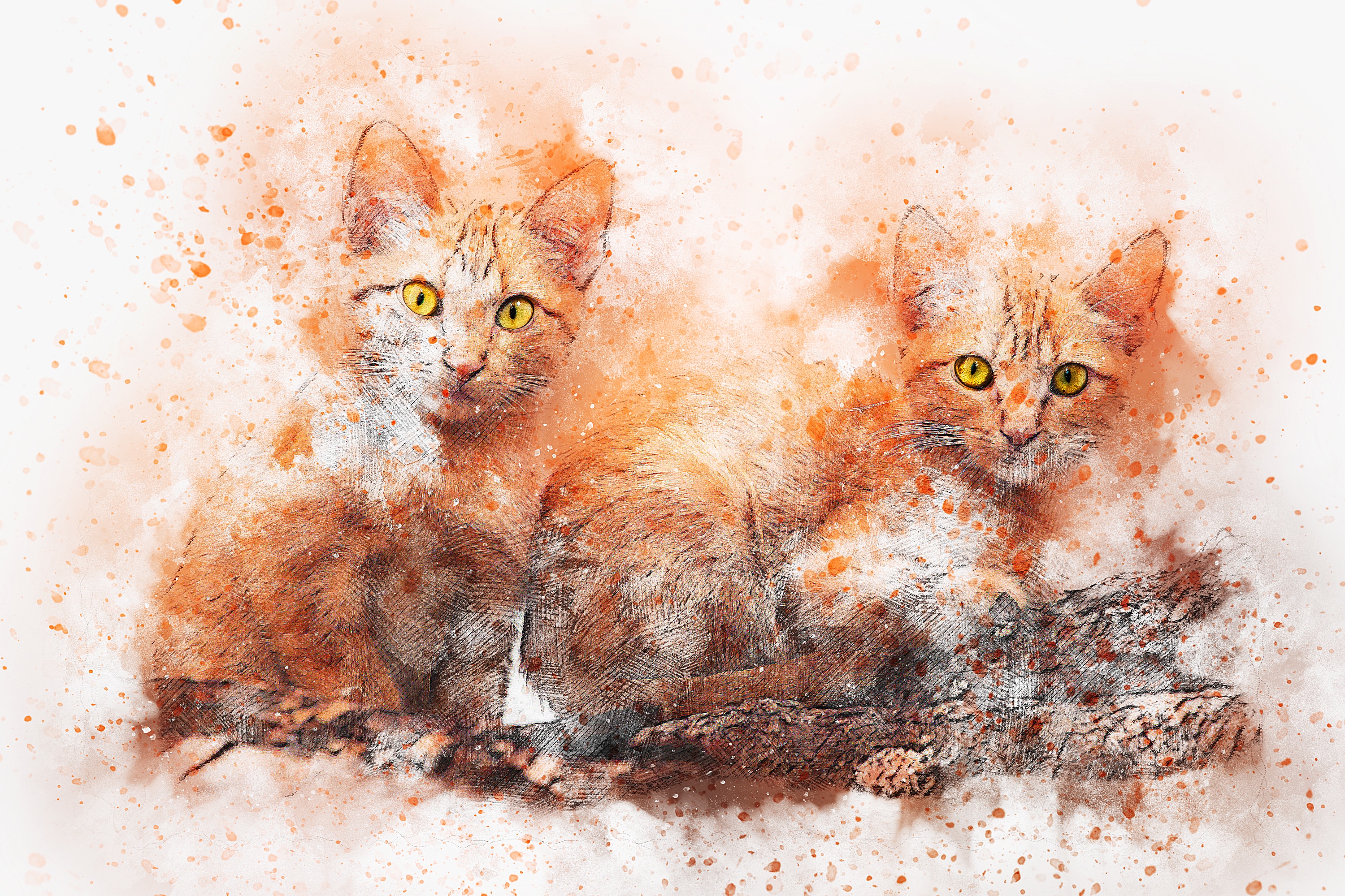 Two orange tabby cats in watercolor painting HD Wallpaper