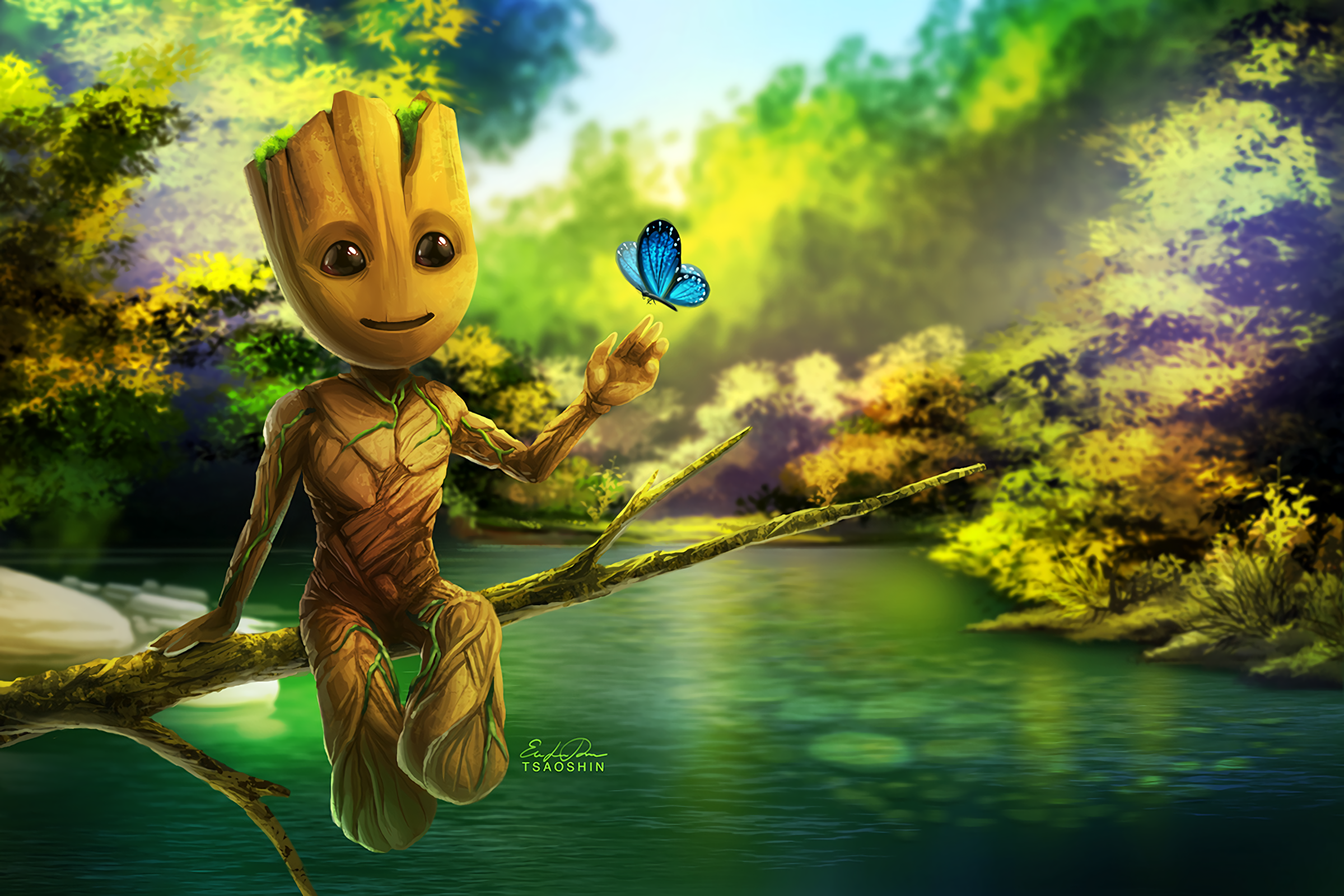Baby Groot from Guardians of the Galaxy with a butterfly HD Wallpaper