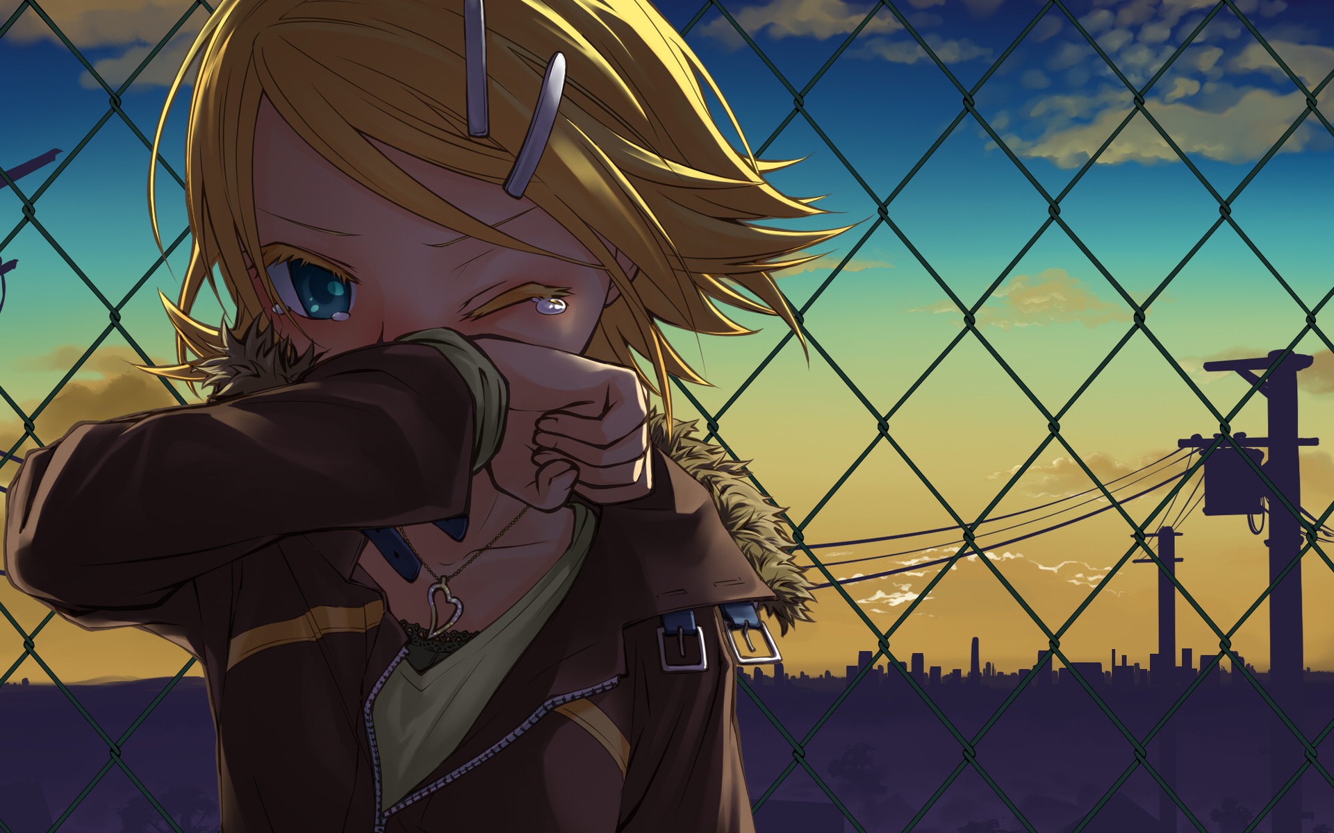 Rin Kagamine crying behind a fence HD Wallpaper