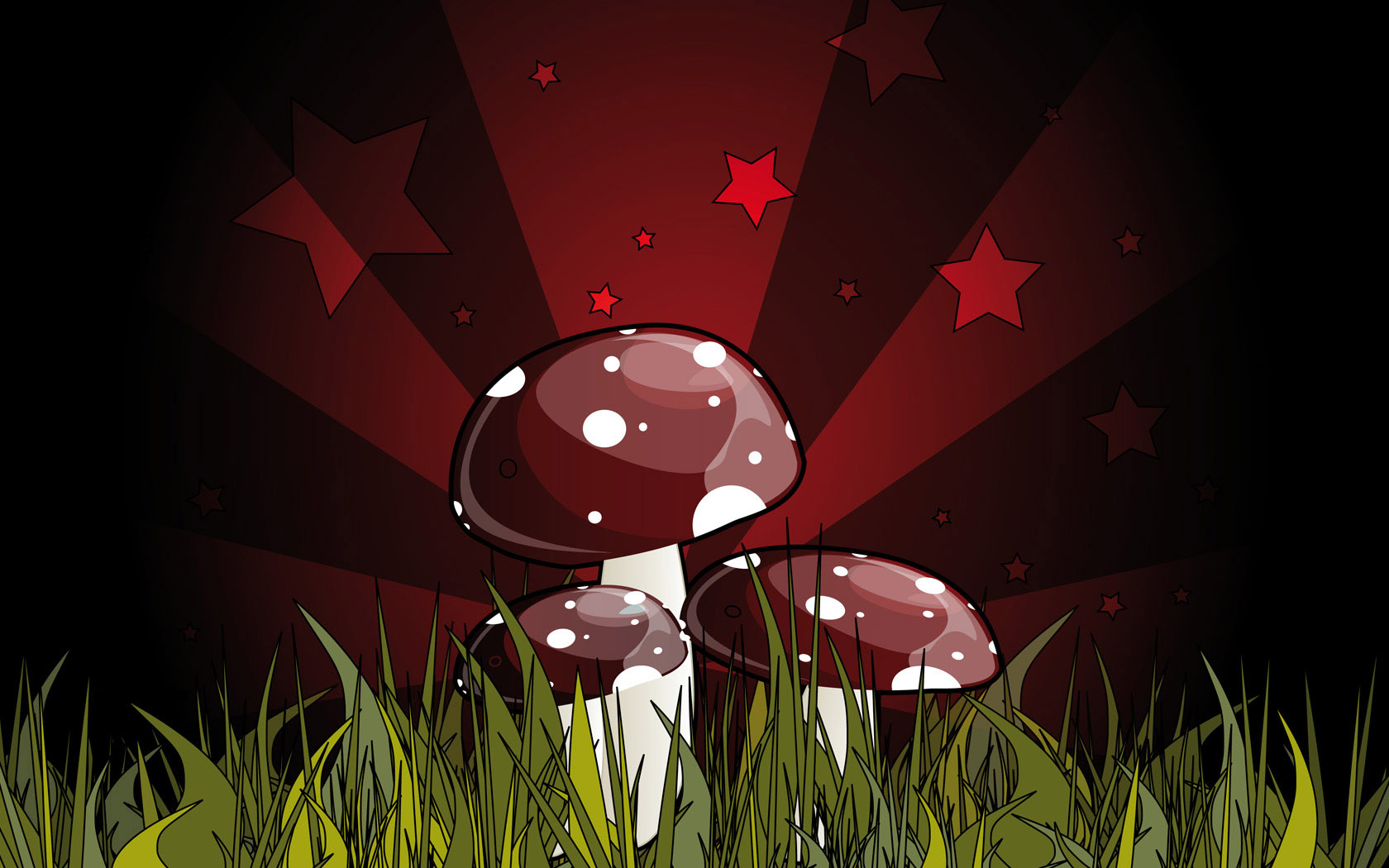 Cartoon mushrooms in grass with red stars HD Wallpaper