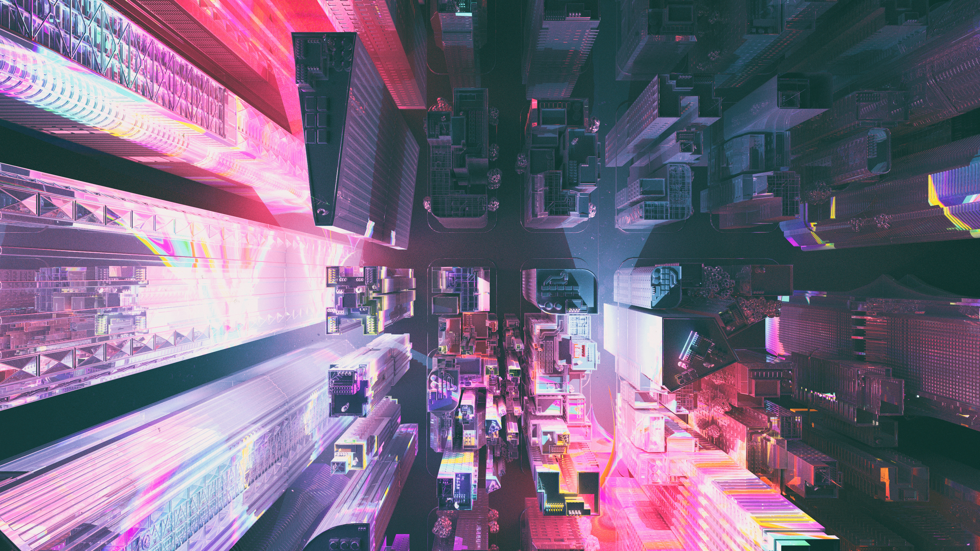 Top-down view of a futuristic city at night HD Wallpaper