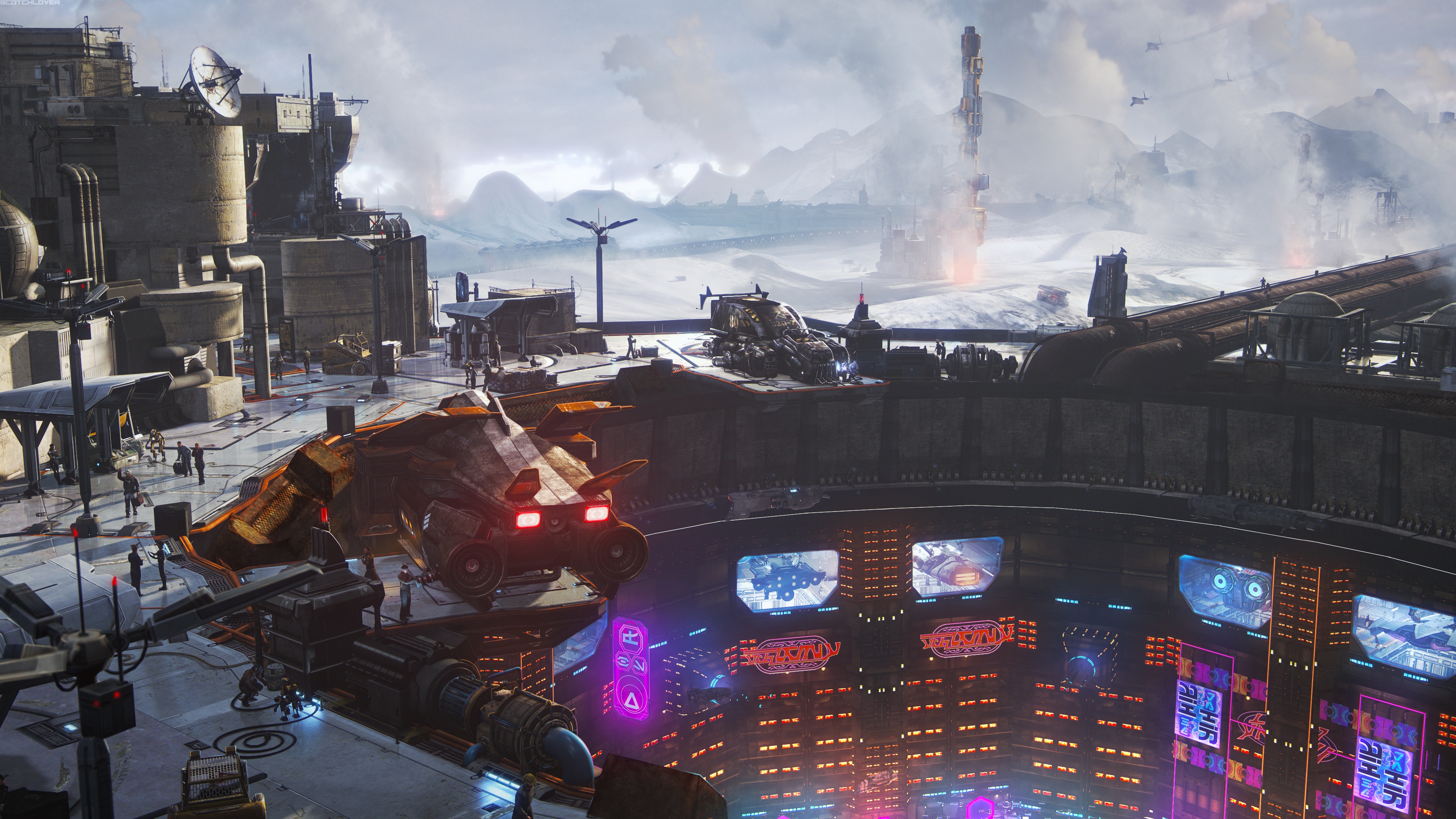Futuristic Cityscape with Spaceships and Mountains HD Wallpaper
