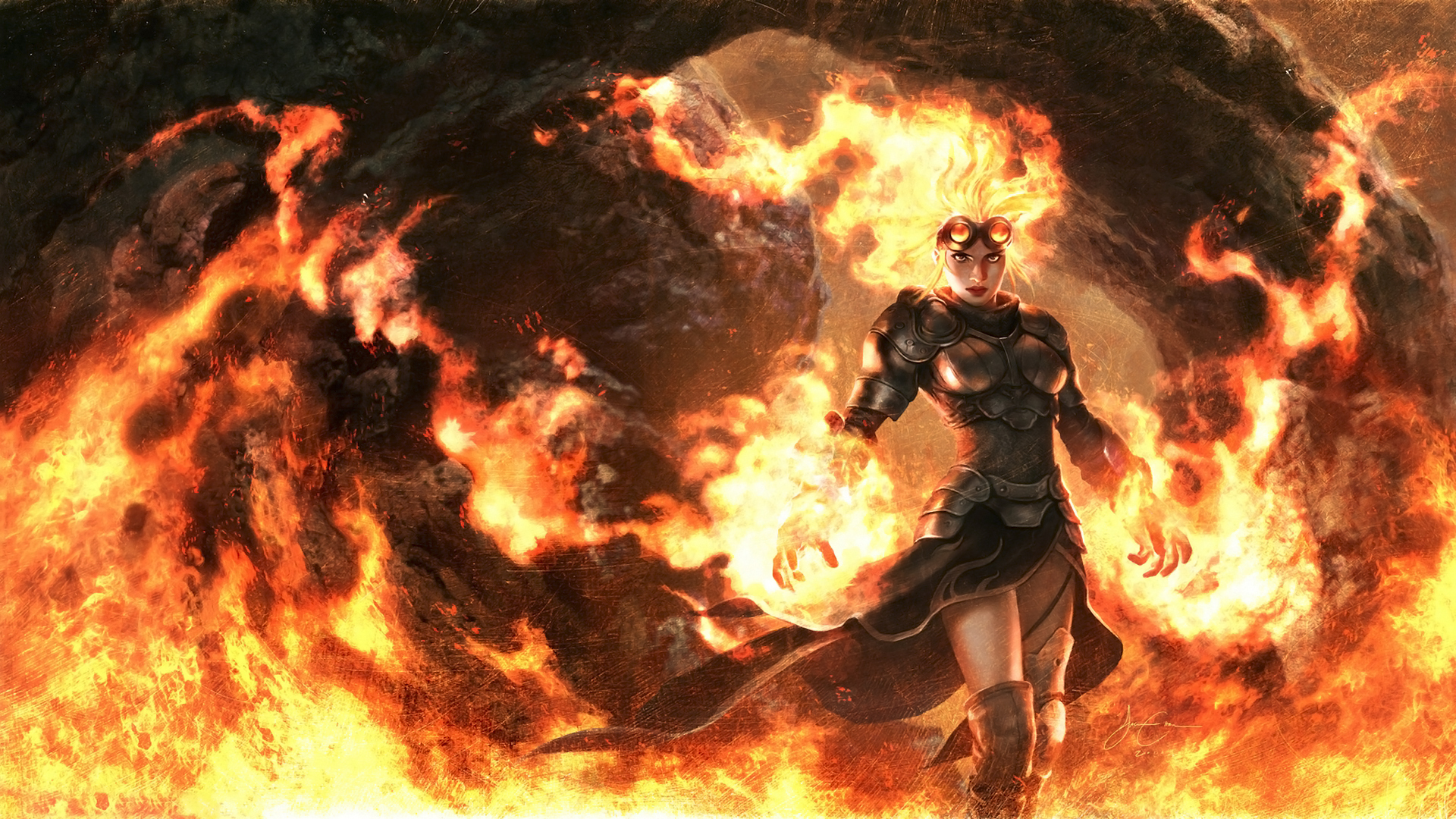 Woman with fire magic and goggles HD Wallpaper
