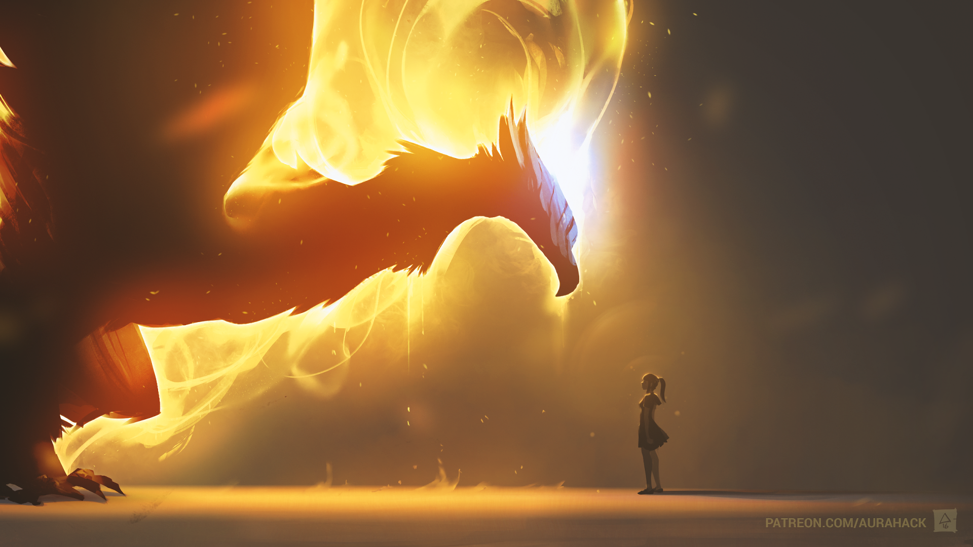 Girl faces a giant fiery dragon HD Wallpaper