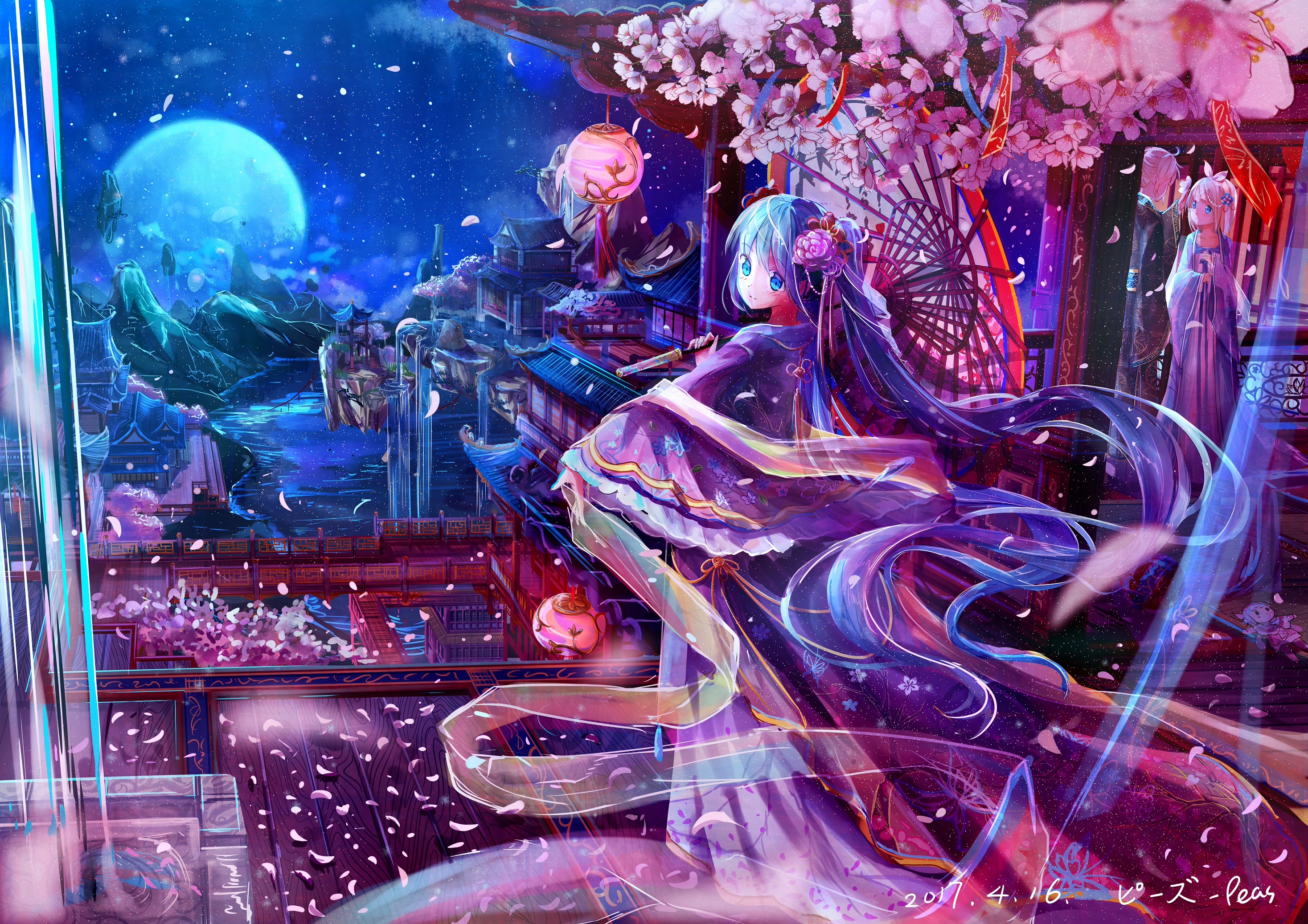 Hatsune Miku in a Japanese Garden at Night HD Wallpaper
