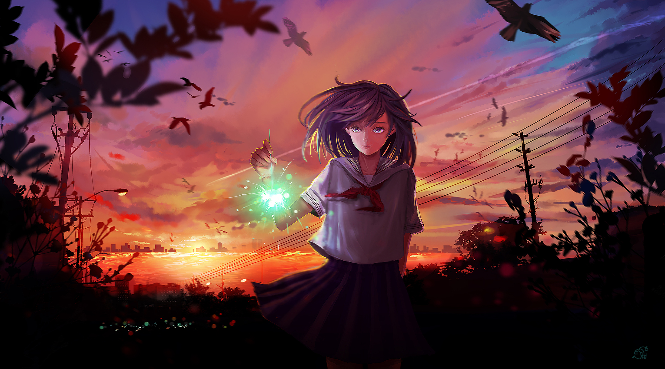 Anime girl with purple hair holding sparkler at sunset HD Wallpaper