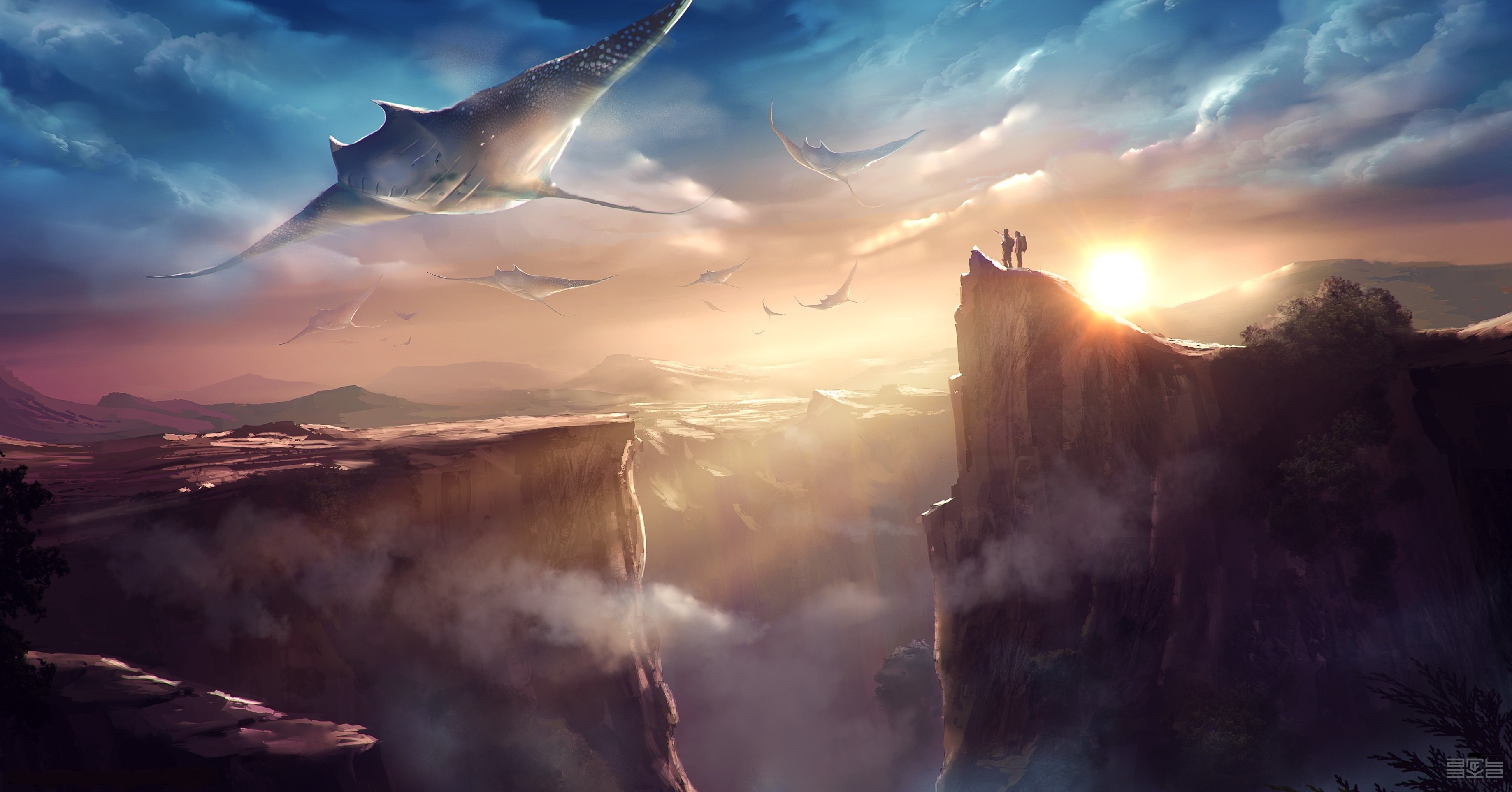 Alien landscape with flying creatures and two people on a cliff HD Wallpaper