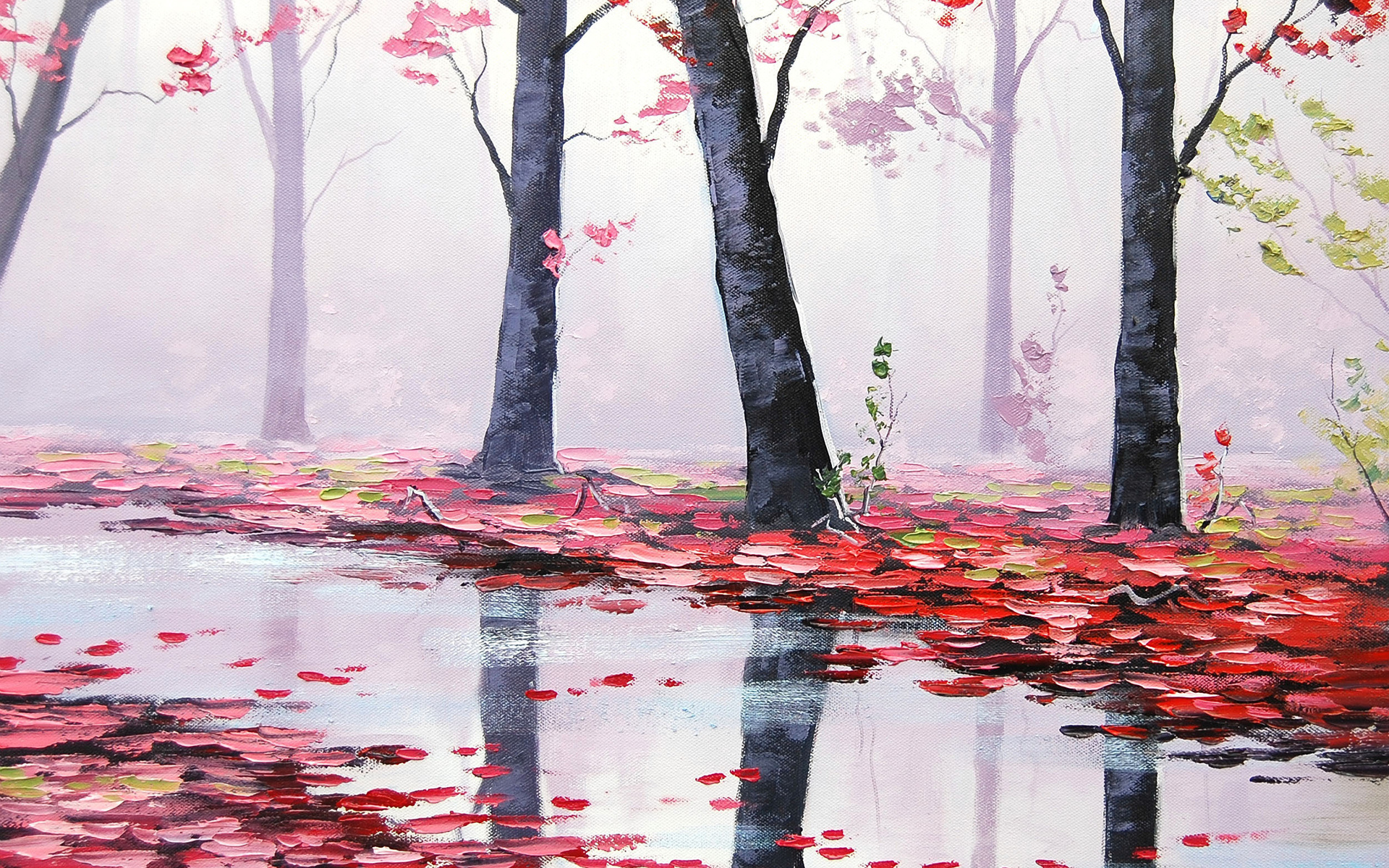 Oil painting of a misty forest with fallen red leaves HD Wallpaper