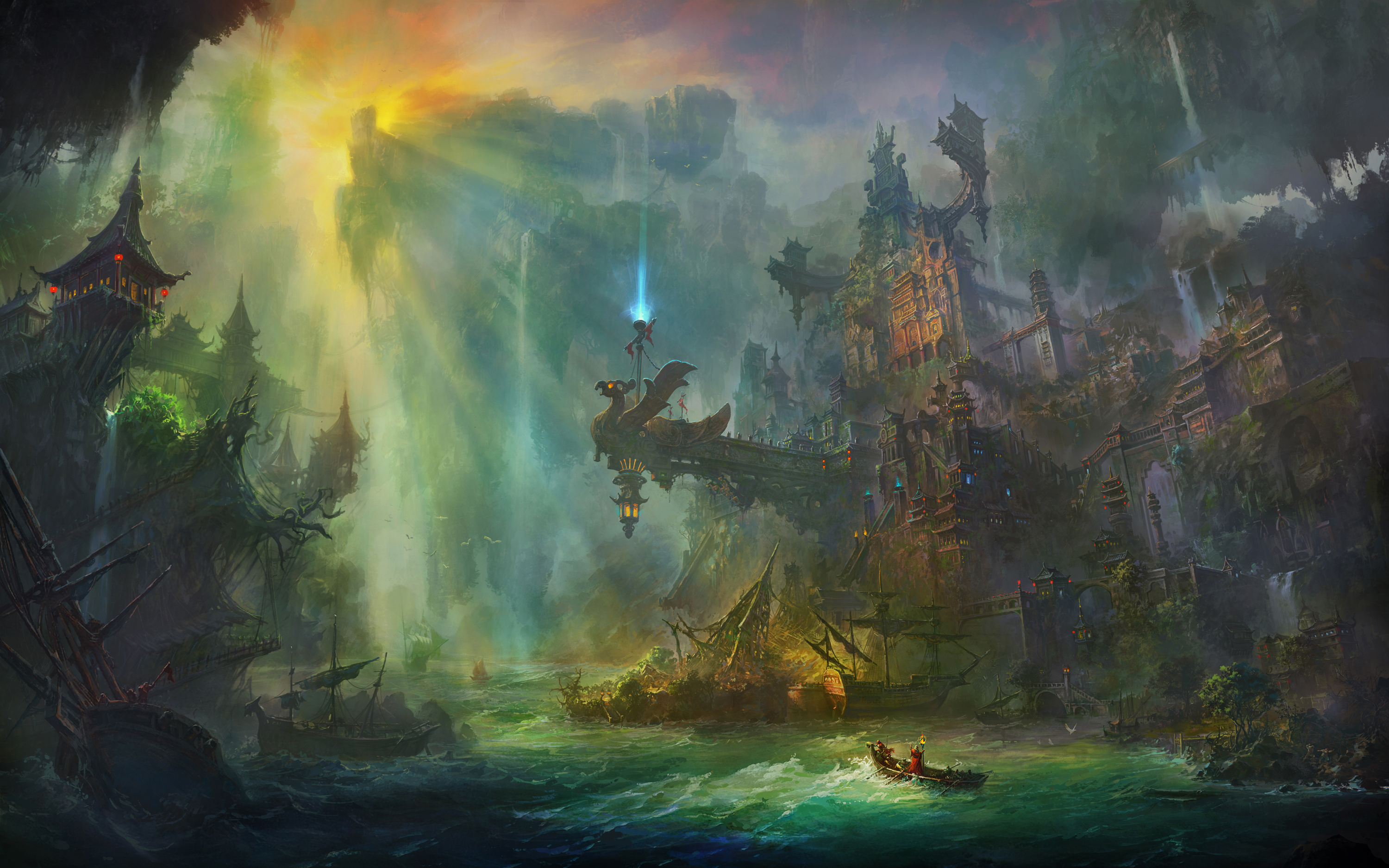 Fantasy Cityscape with Ships and Waterfalls HD Wallpaper