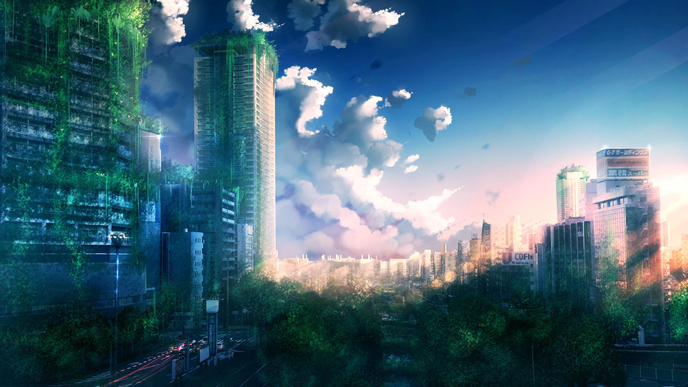 Overgrown Cityscape at Sunset HD Wallpaper