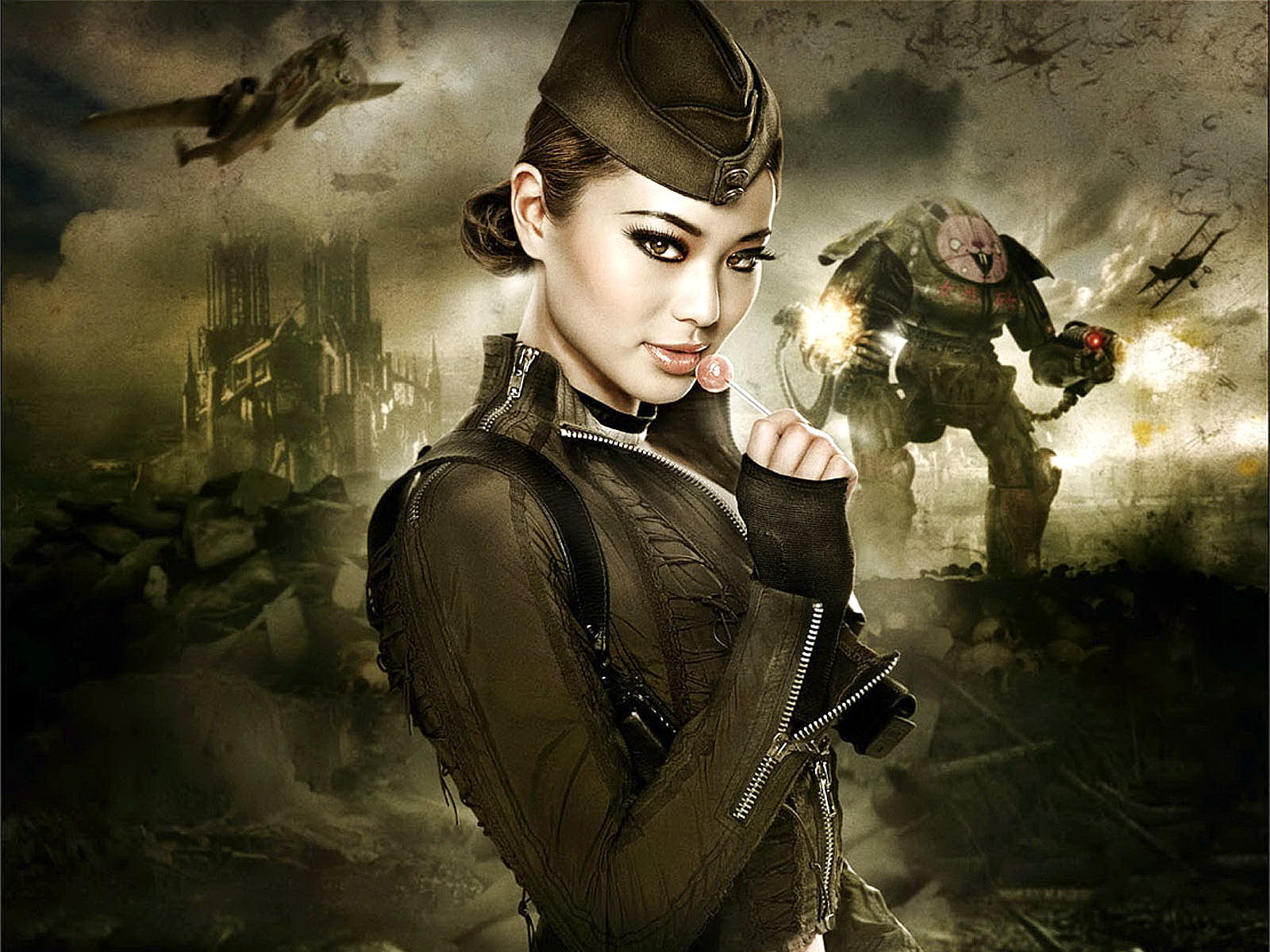 Jamie Chung in a military outfit with a lollipop HD Wallpaper