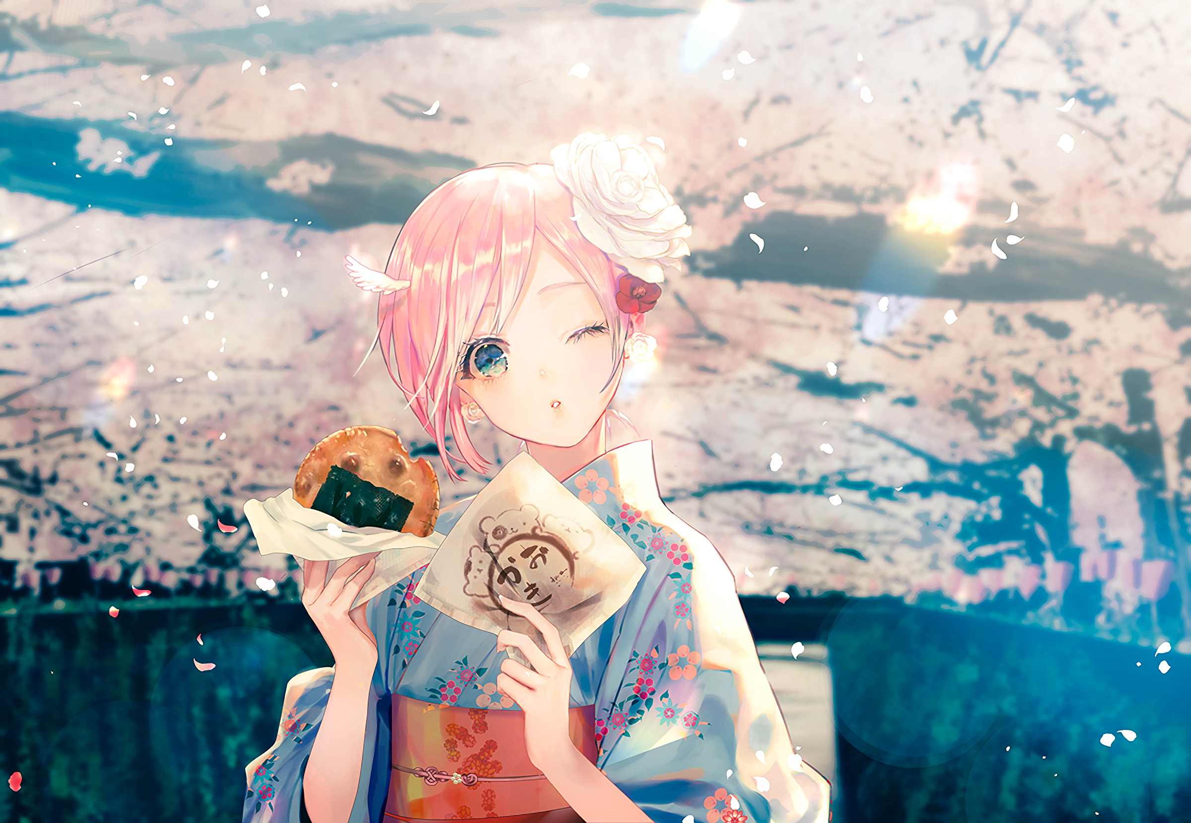 Girl in Kimono with Onigiri and Cherry Blossoms HD Wallpaper