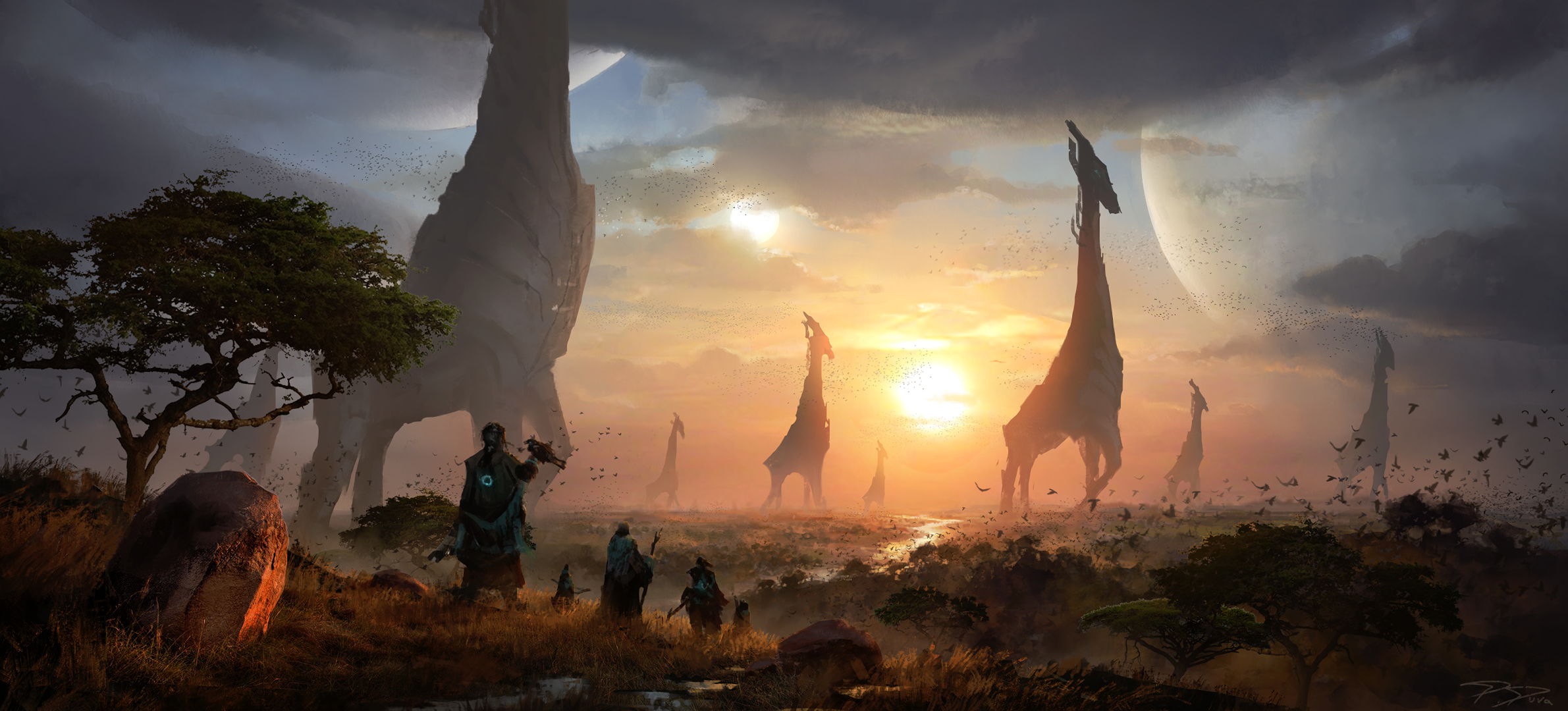Fantasy landscape with giraffe-like structures and travelers HD Wallpaper