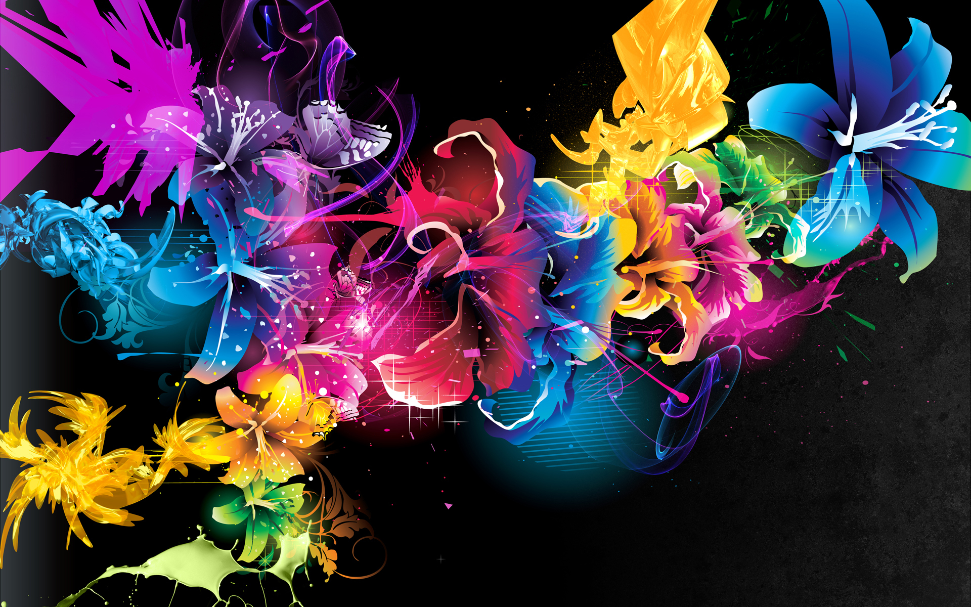 Abstract colorful flowers with paint splashes HD Wallpaper