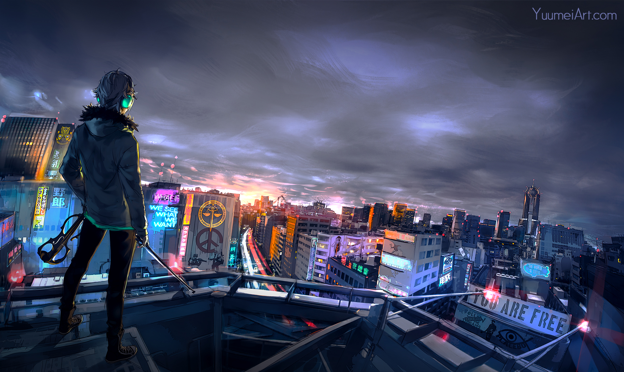 Anime character with violin overlooking a futuristic city HD Wallpaper