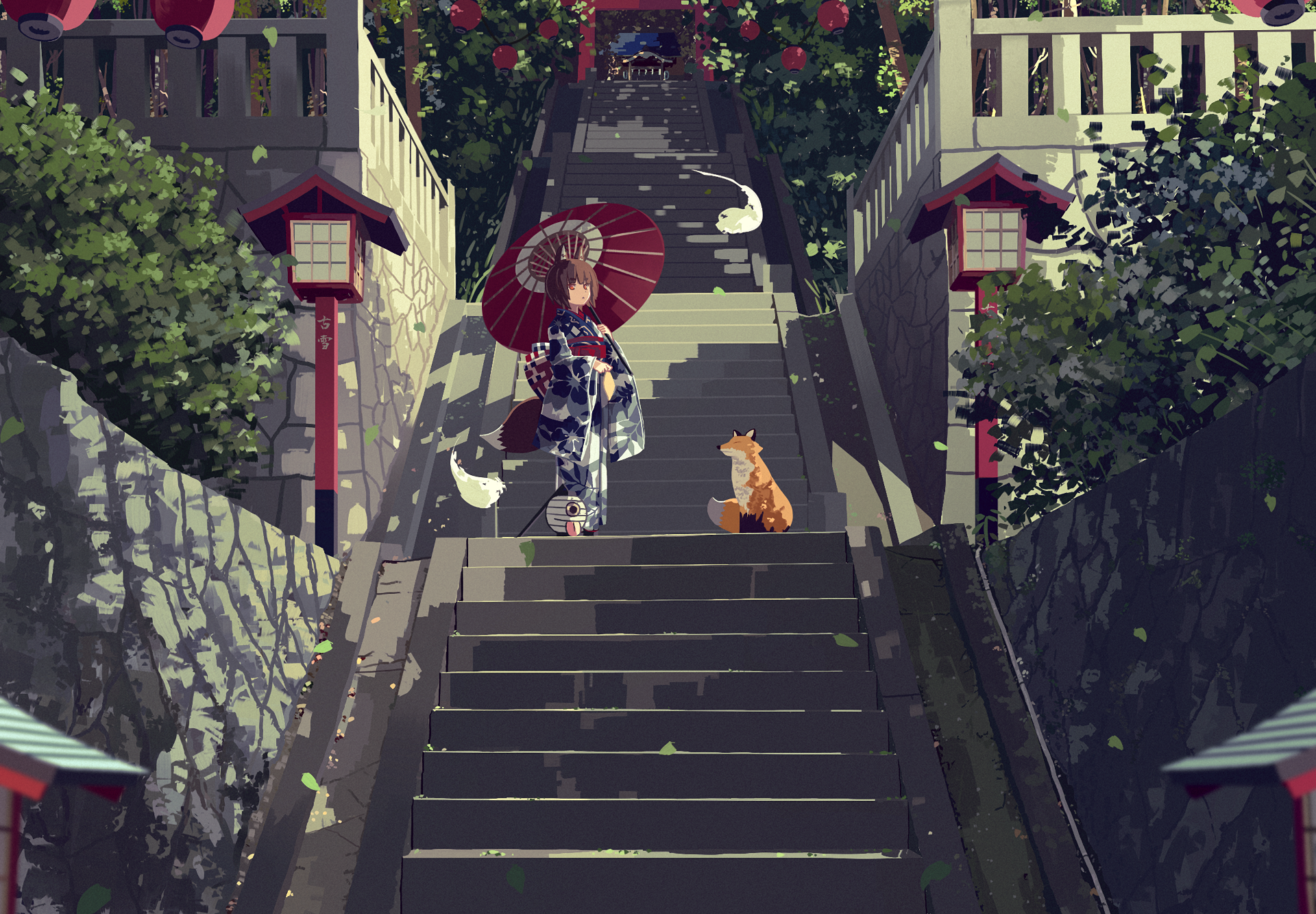 Girl in Kimono with Fox and Spirits on Temple Stairs HD Wallpaper