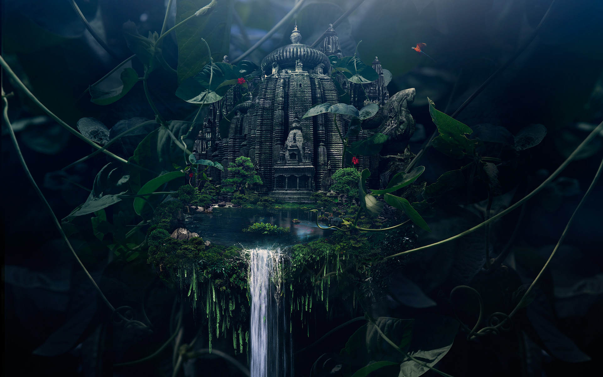 Ancient temple ruins overgrown with jungle foliage and a waterfall HD Wallpaper