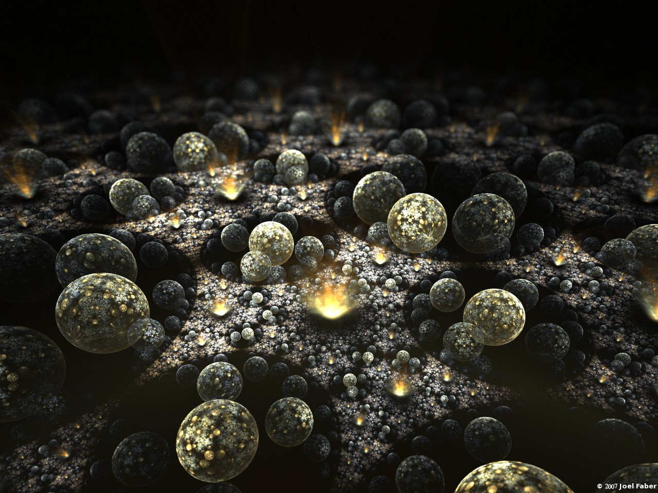 Fractal landscape with glowing spheres HD Wallpaper