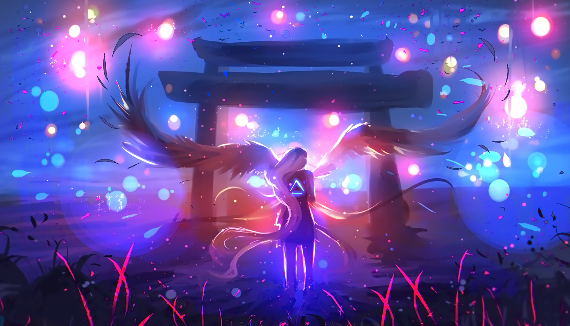 Angel girl with wings in front of Torii gate HD Wallpaper