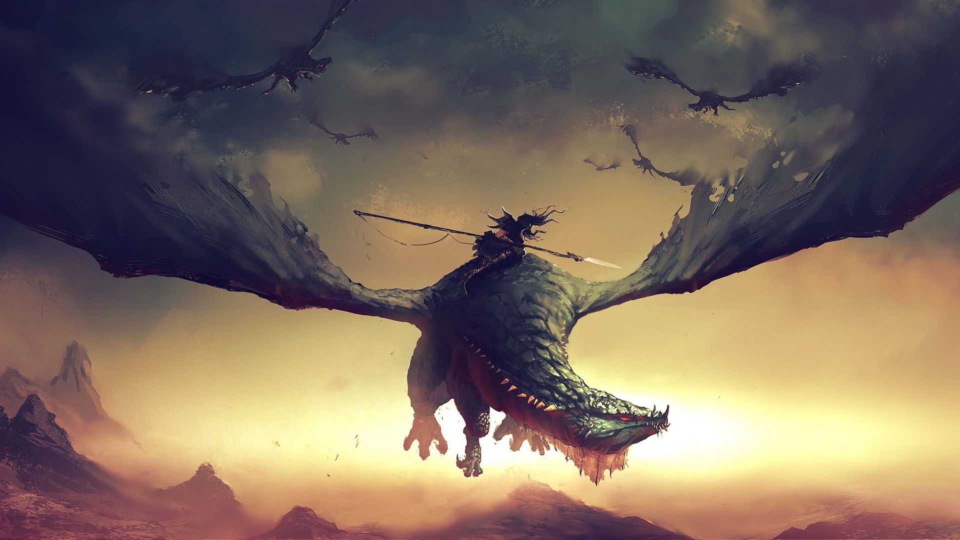 Dragon Rider with Spear and Other Dragons HD Wallpaper