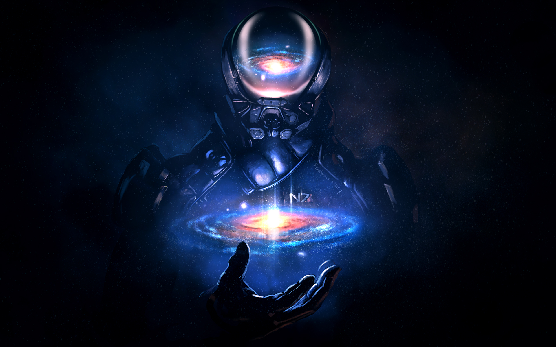 Mass Effect: Andromeda character holding a galaxy HD Wallpaper