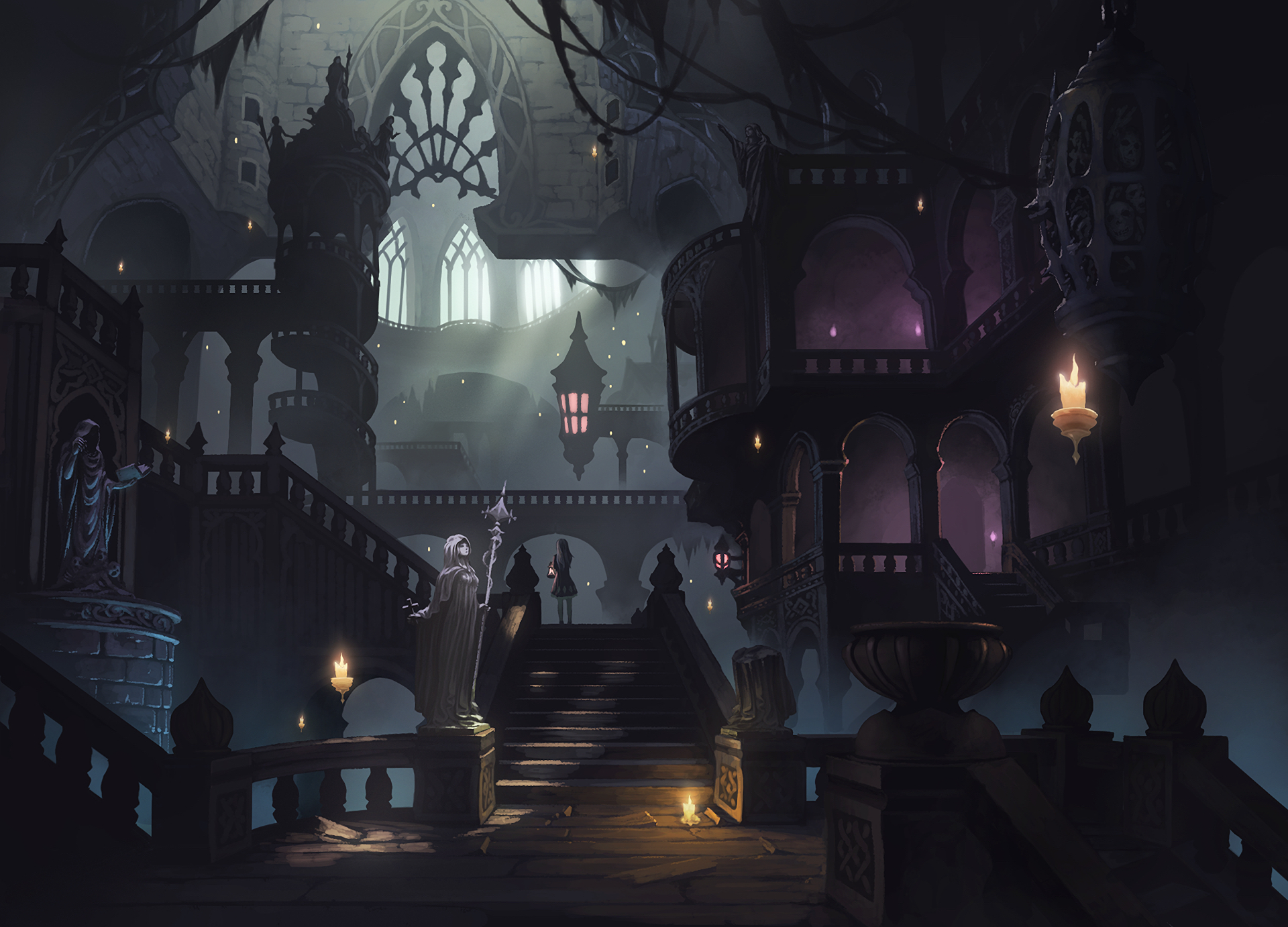 Gothic castle interior with statues and candles HD Wallpaper