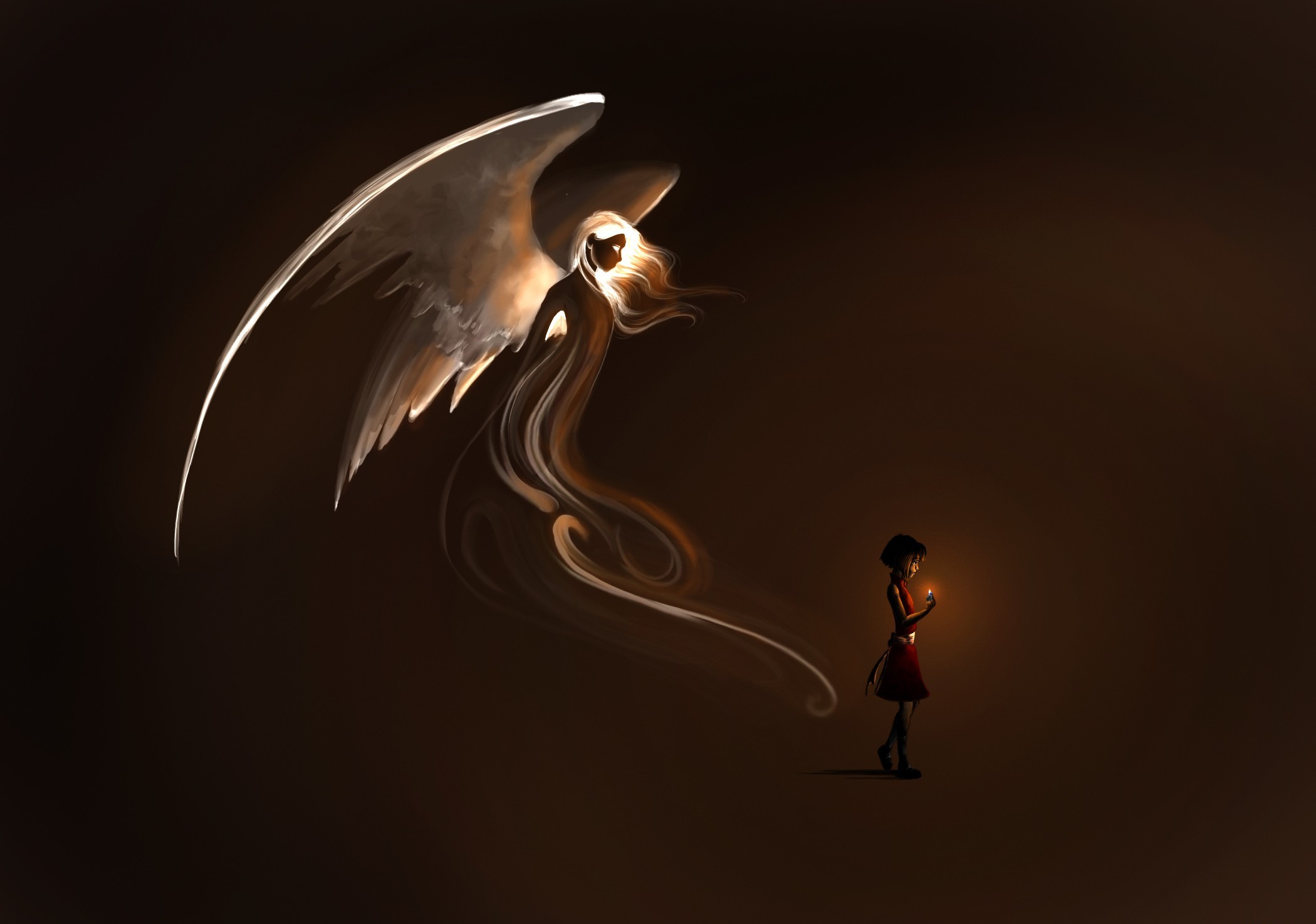Angel and Girl with Candle HD Wallpaper
