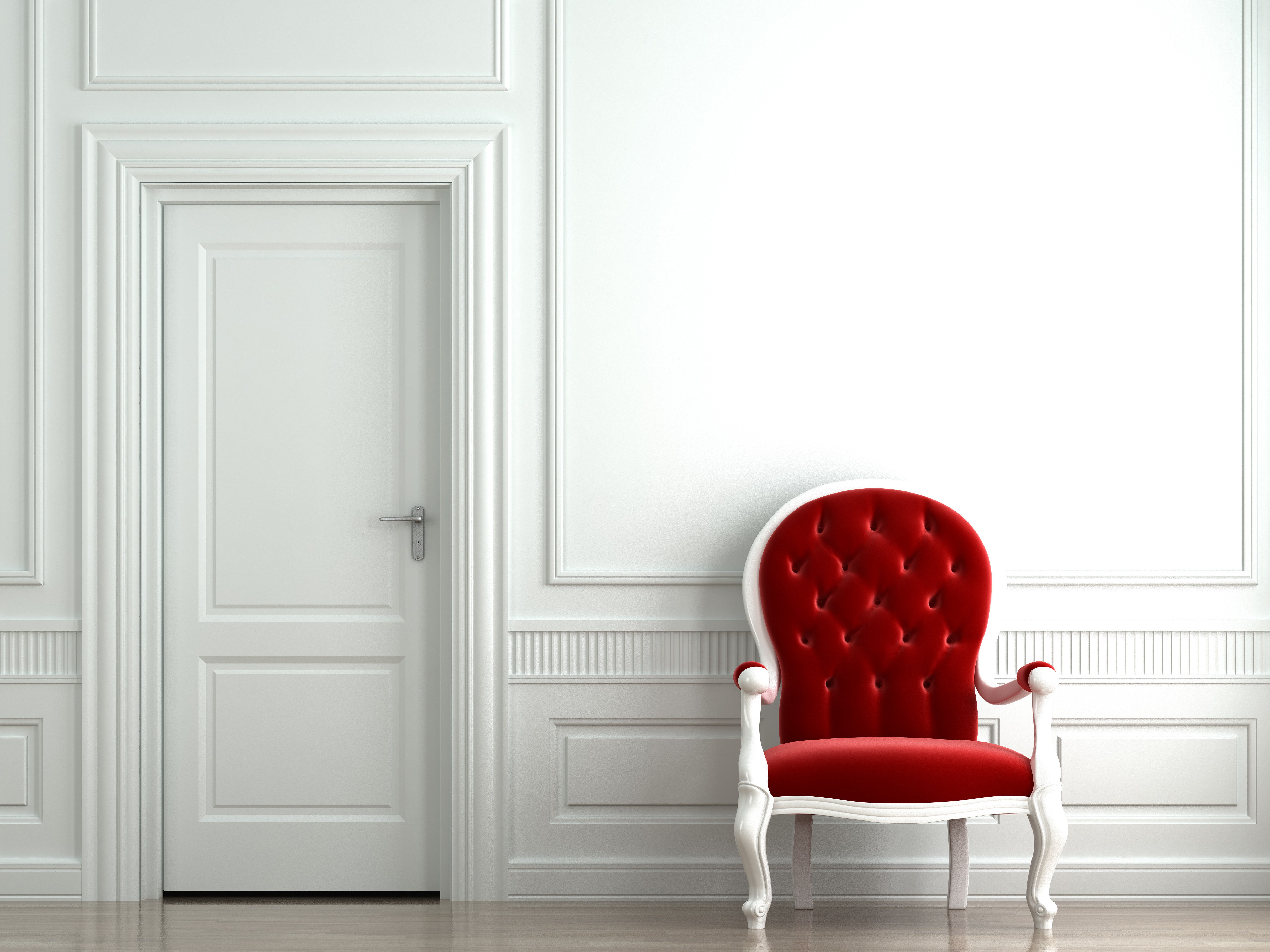 Red armchair in a white room with a white door HD Wallpaper