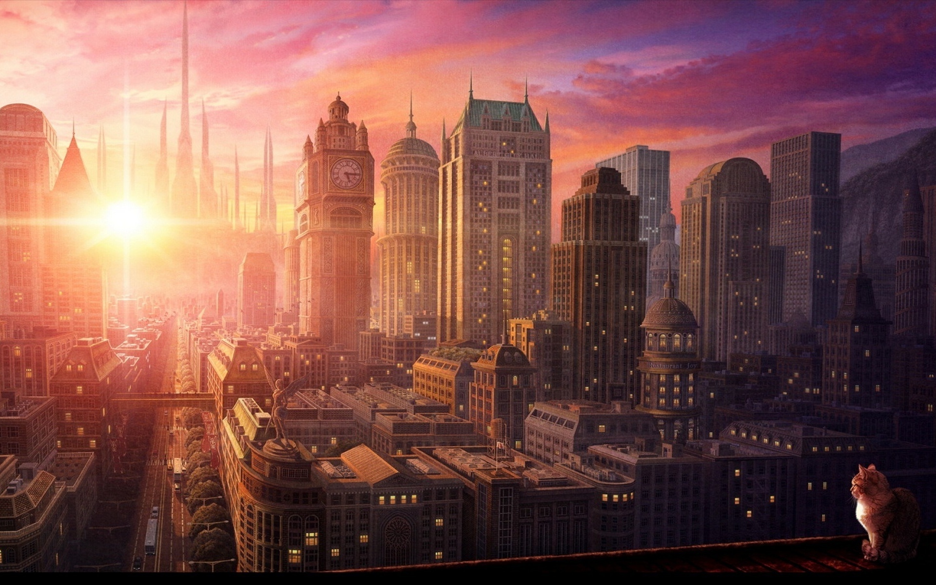 Cat on a rooftop overlooking a futuristic city at sunset HD Wallpaper