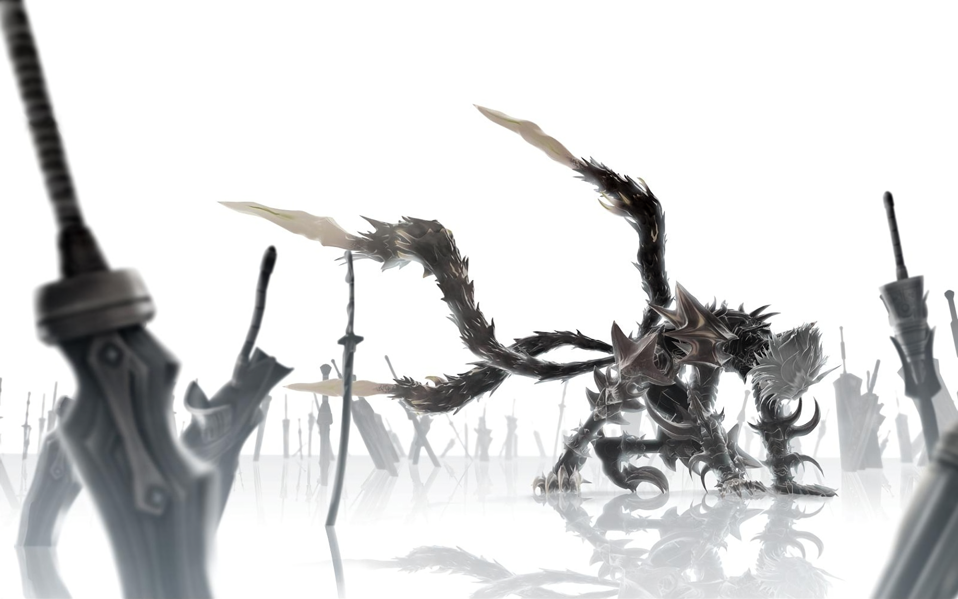 Demon creature among swords in a white void HD Wallpaper