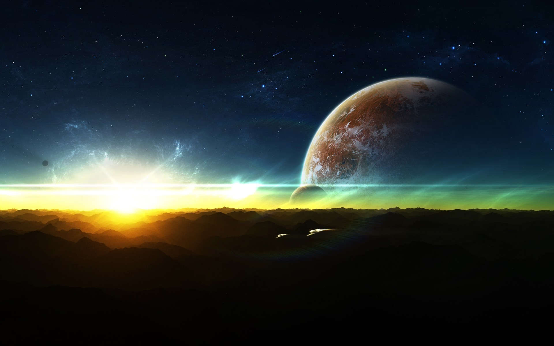 Sci Fi Sunrise Over Alien Landscape with Planets HD Wallpaper