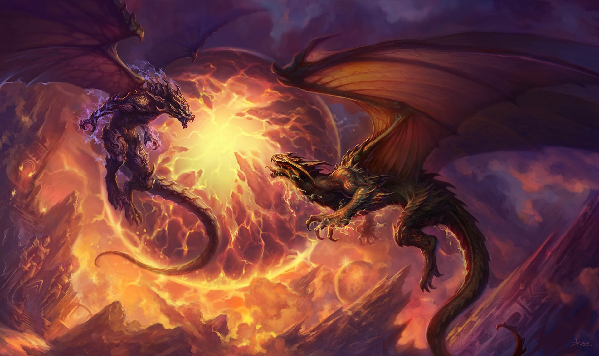 Two dragons battling in a fiery vortex HD Wallpaper