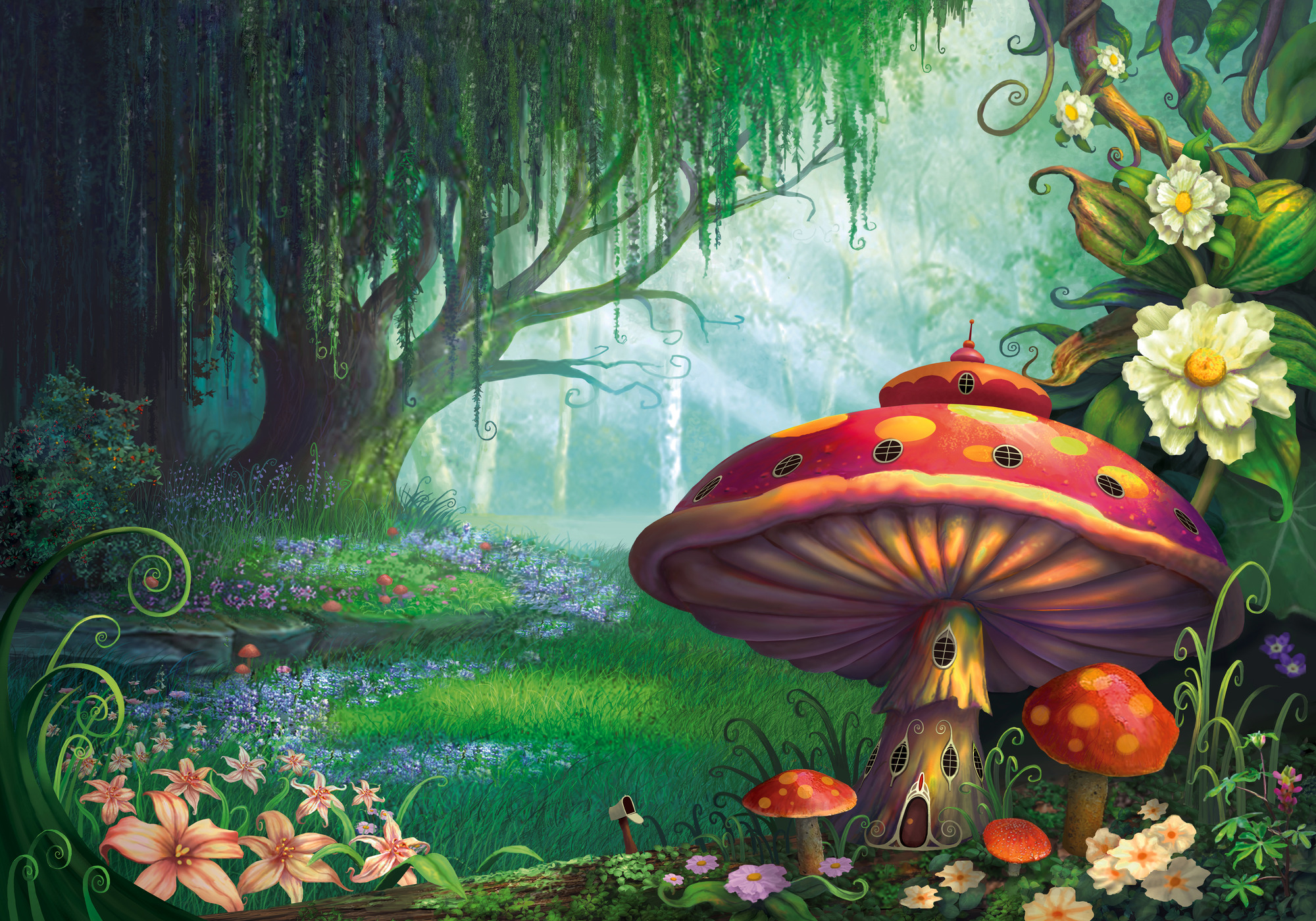 Fantasy forest with a mushroom house and flowers HD Wallpaper