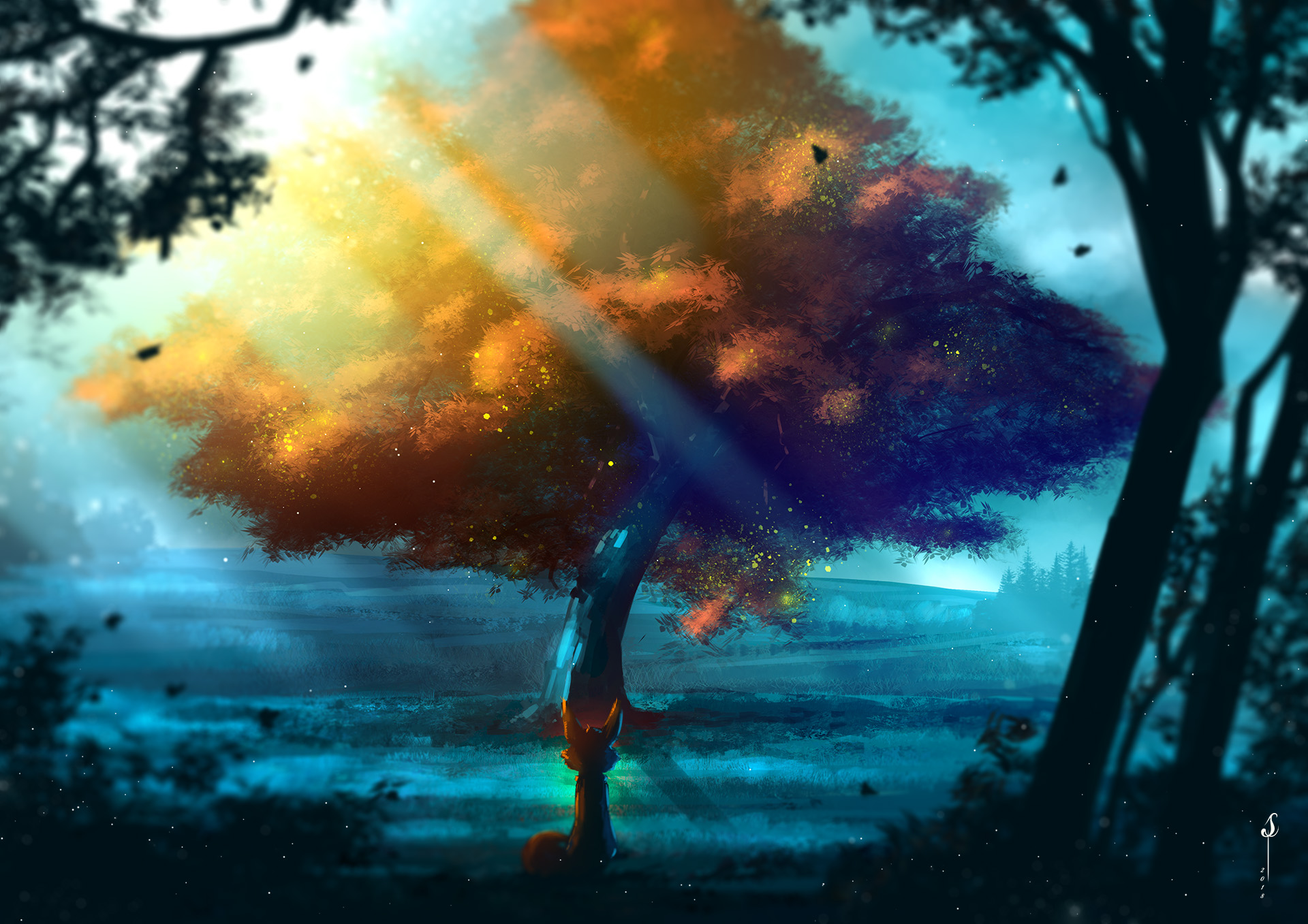Fox under a sunlit tree in a mystical forest HD Wallpaper