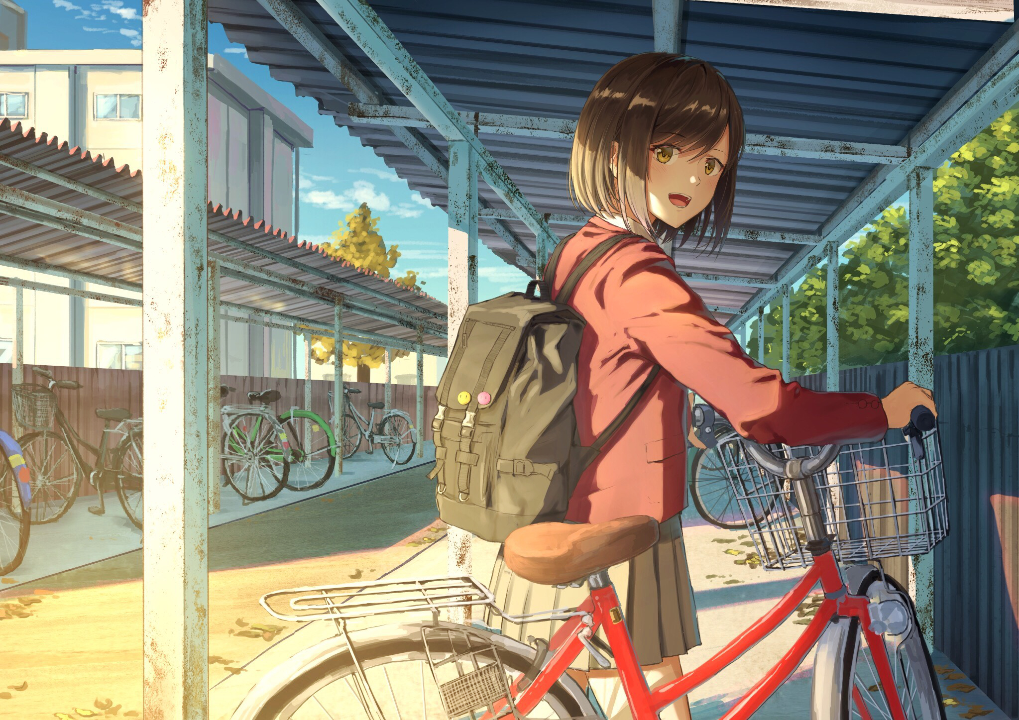 Anime girl with backpack and bicycle at school HD Wallpaper