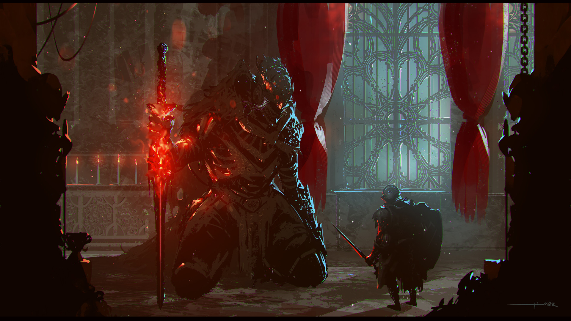 Fantasy Knight facing a giant demon with a glowing sword HD Wallpaper
