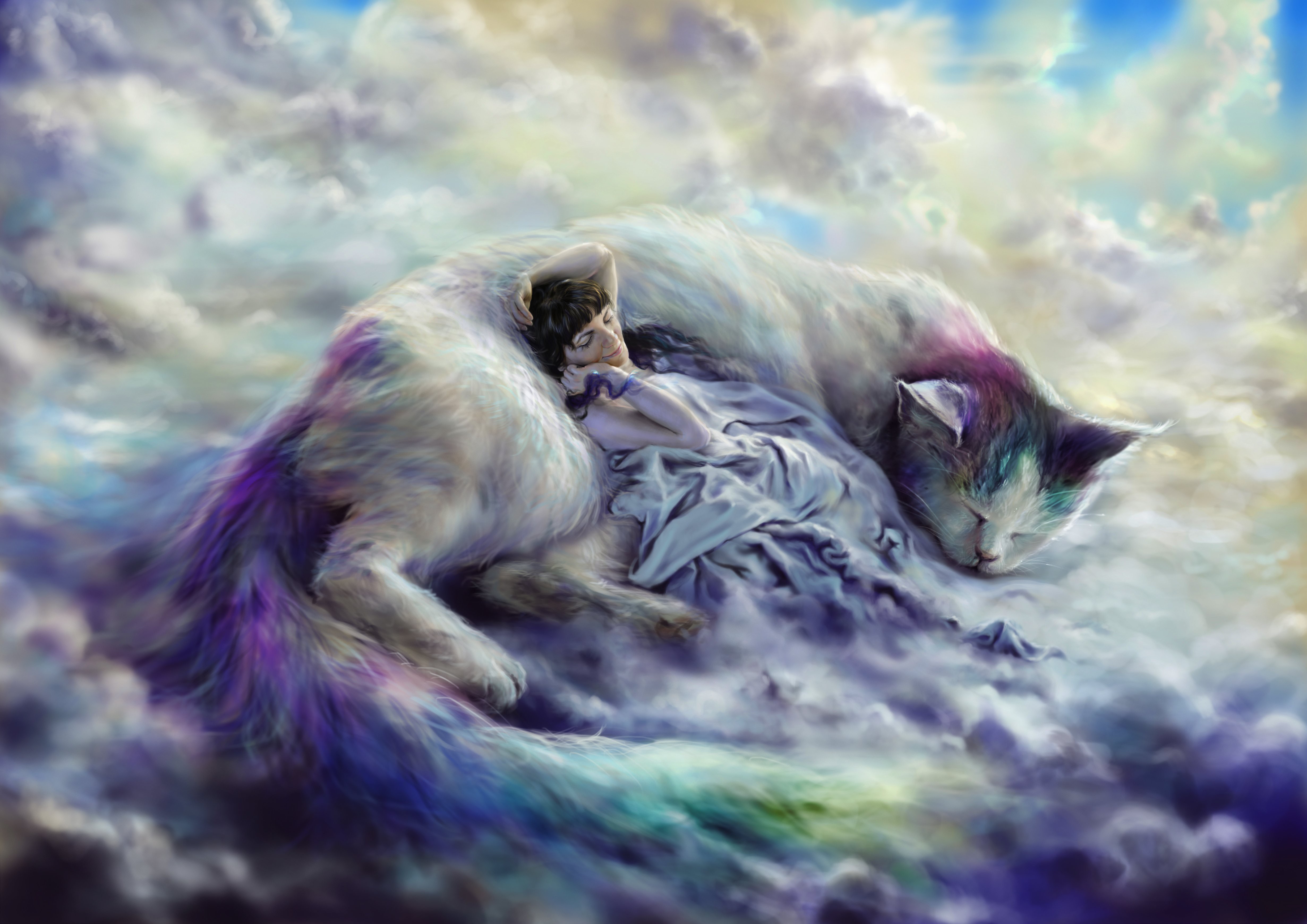 Giant Cat and Woman Sleeping on Clouds HD Wallpaper